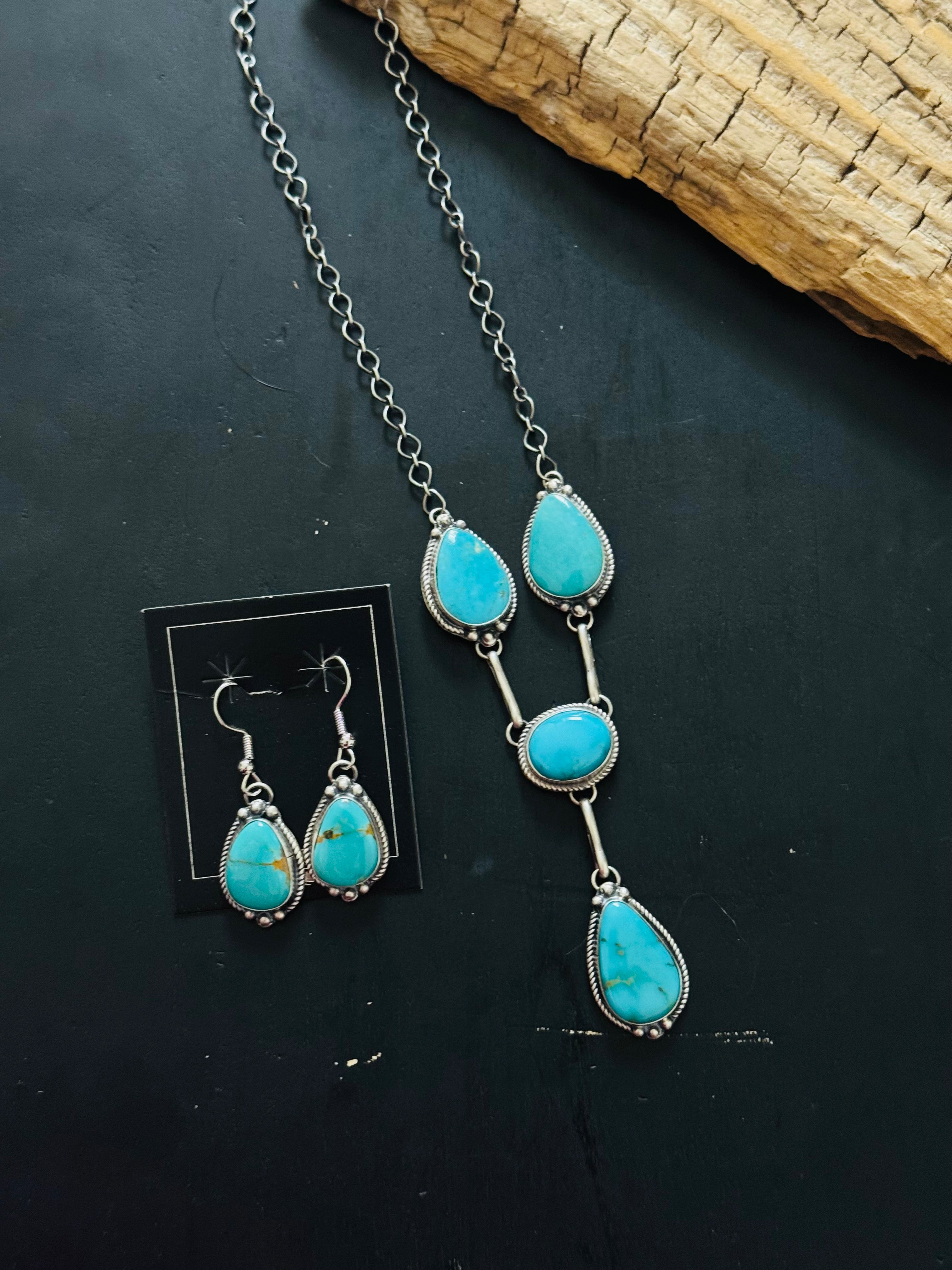 Navajo Made Kingman Turquoise and Sterling Silver Necklace Set