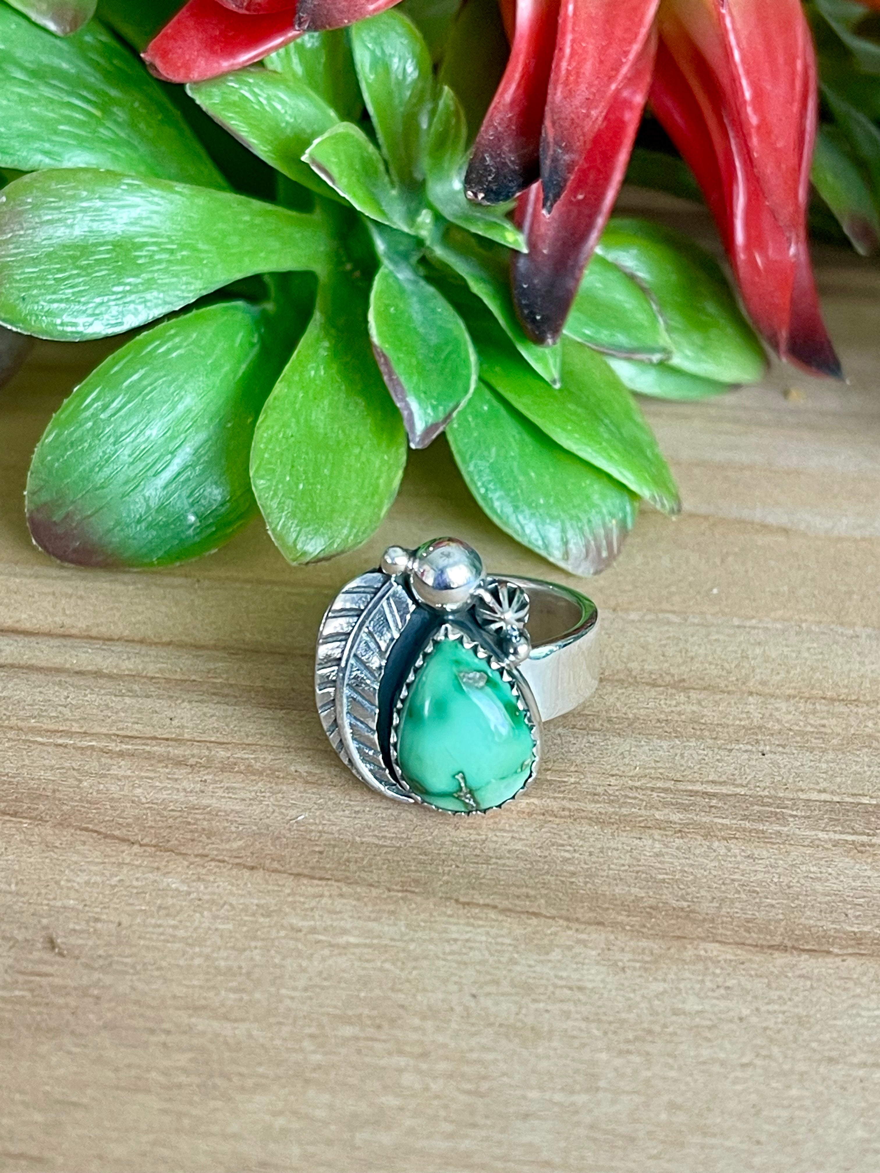 Southwest Sonoran Turquoise Sterling Silver Adjustable Feather Ring
