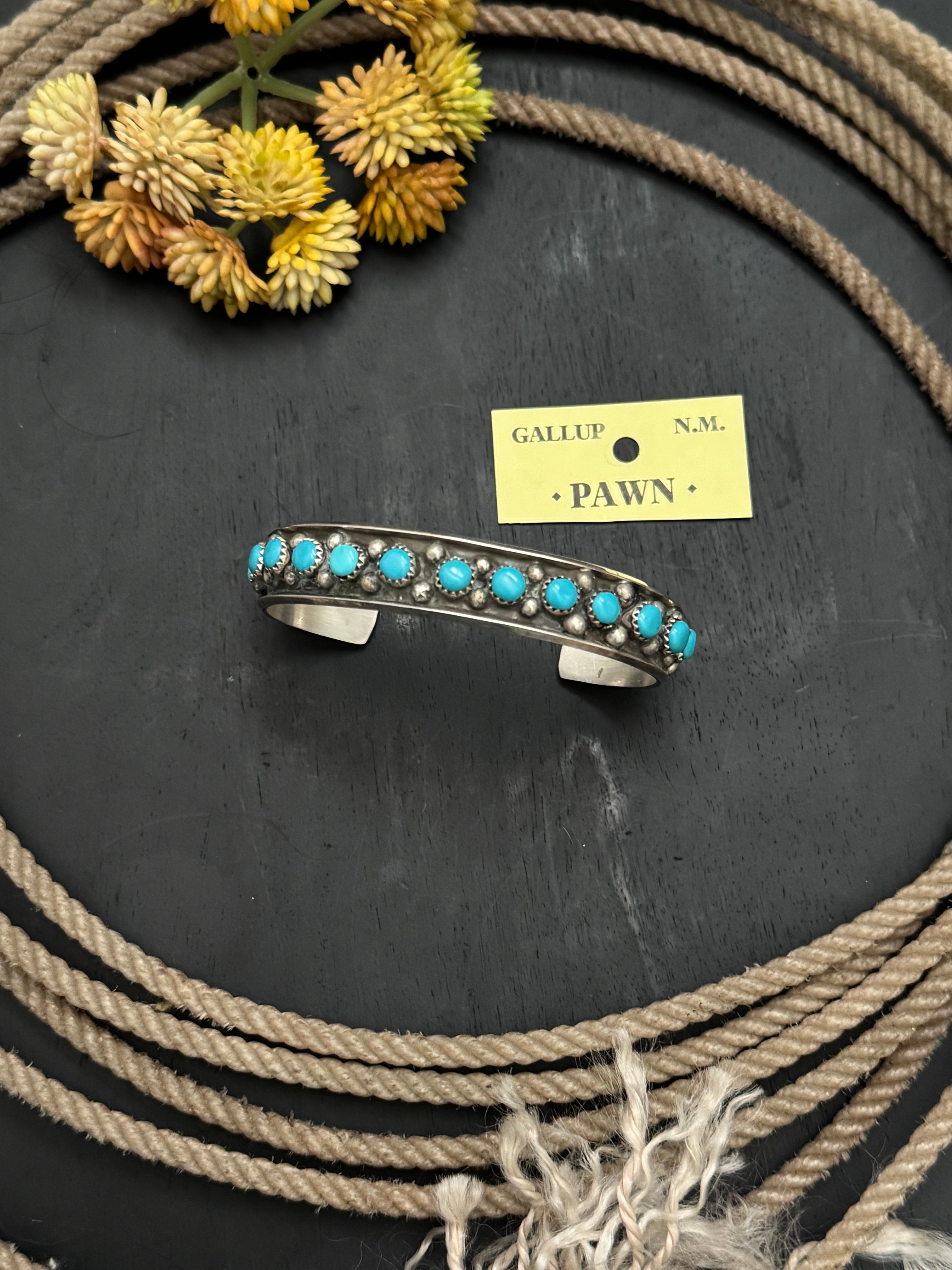 OLD PAWN Navajo Made Kingman Turquoise & Sterling Silver Cuff Bracelet