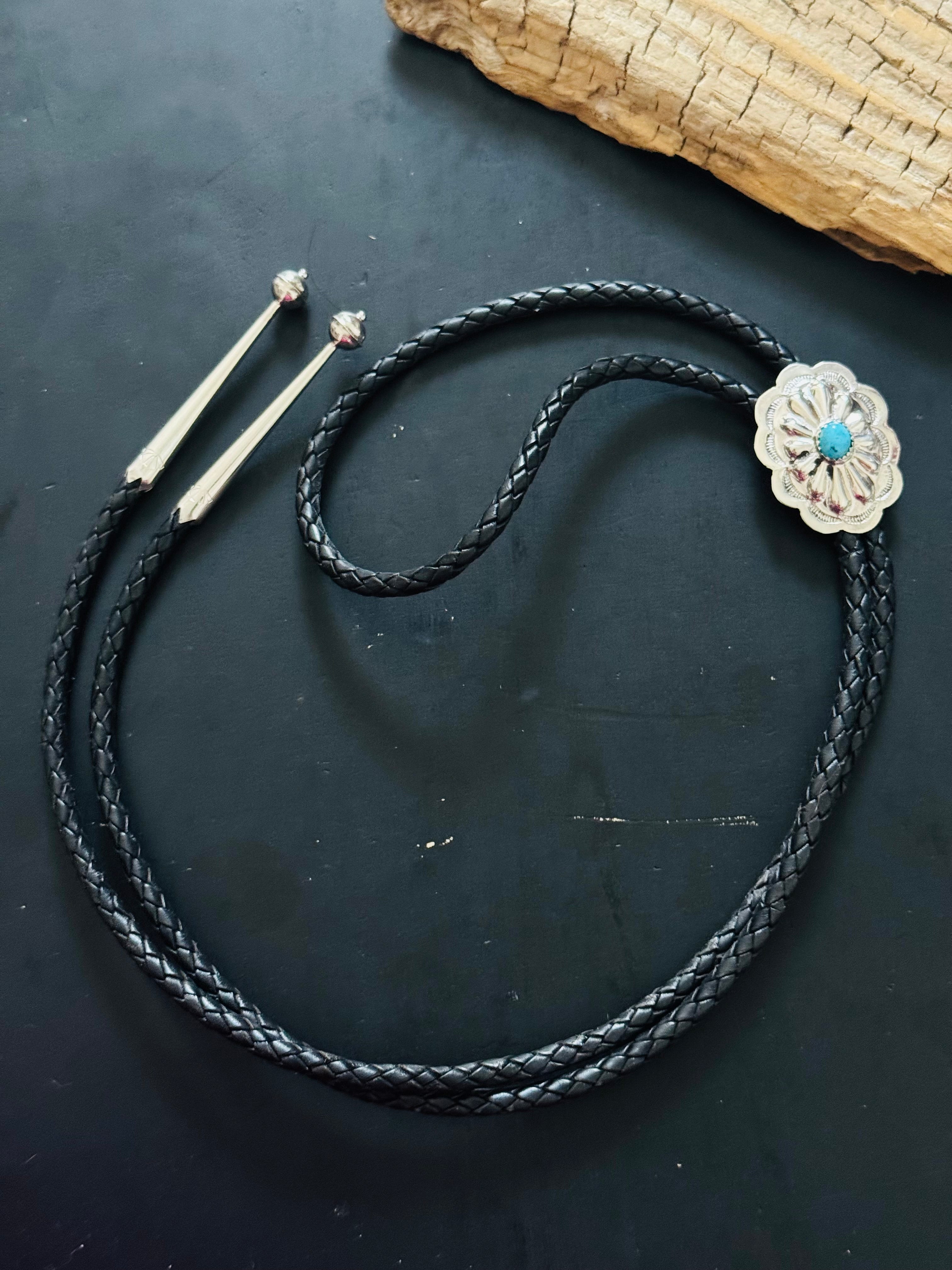 Kingman Turquoise Sterling Silver Bolo Tie – Navajo Handmade by Jesse Williams