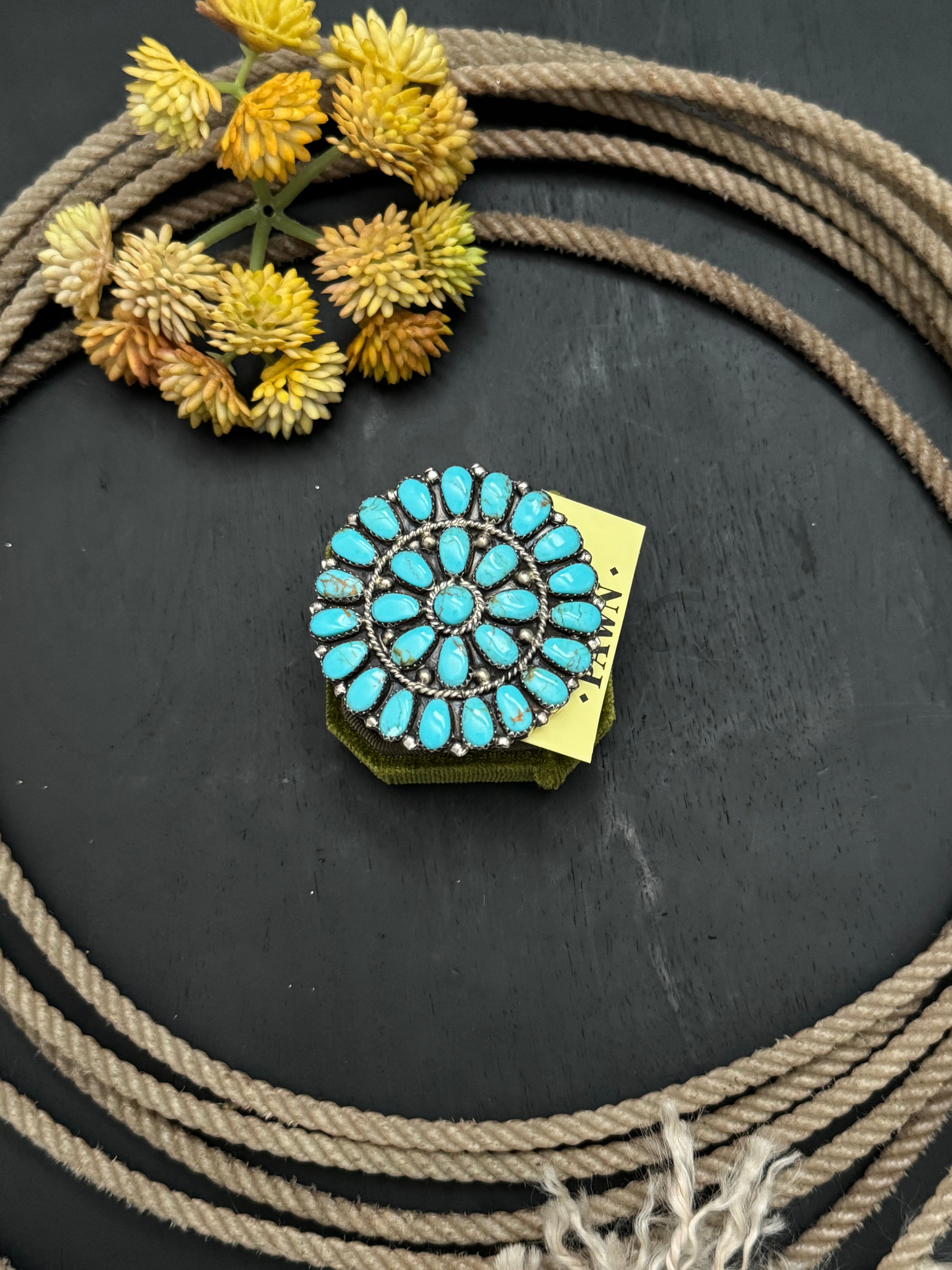OLD PAWN Navajo Made Kingman Turquoise & Sterling Silver Cluster Ring
