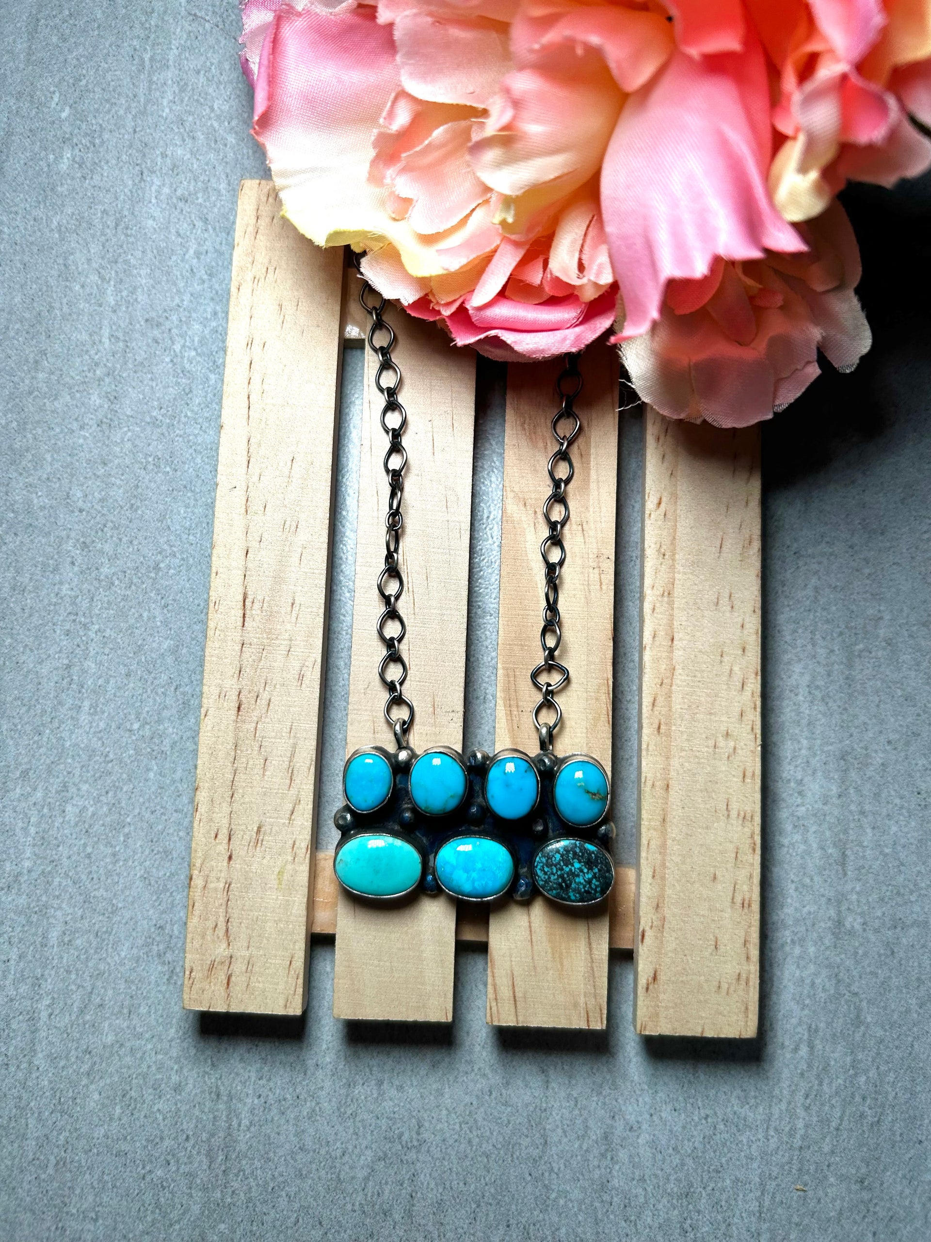 Navajo Made Mixed Turquoise & Sterling Silver Cluster Necklace