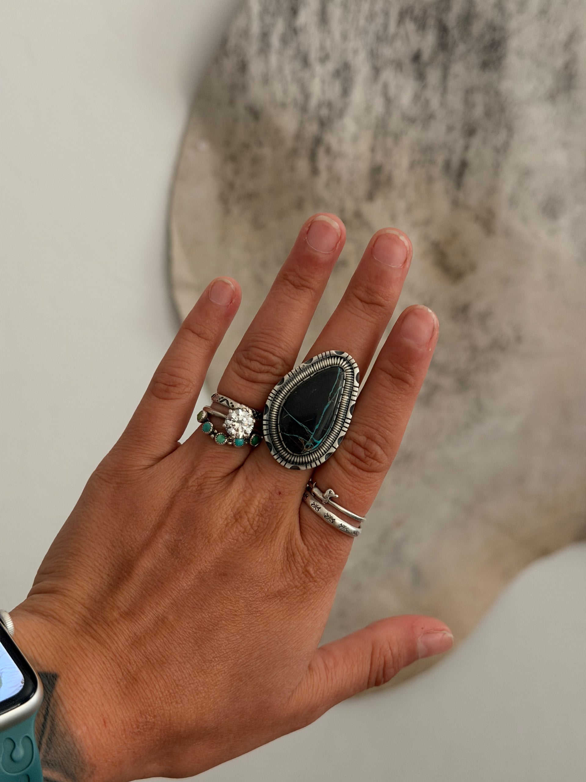 Walker Vandever Black Jack Turquoise & Sterling Silver Ring Size 8.5