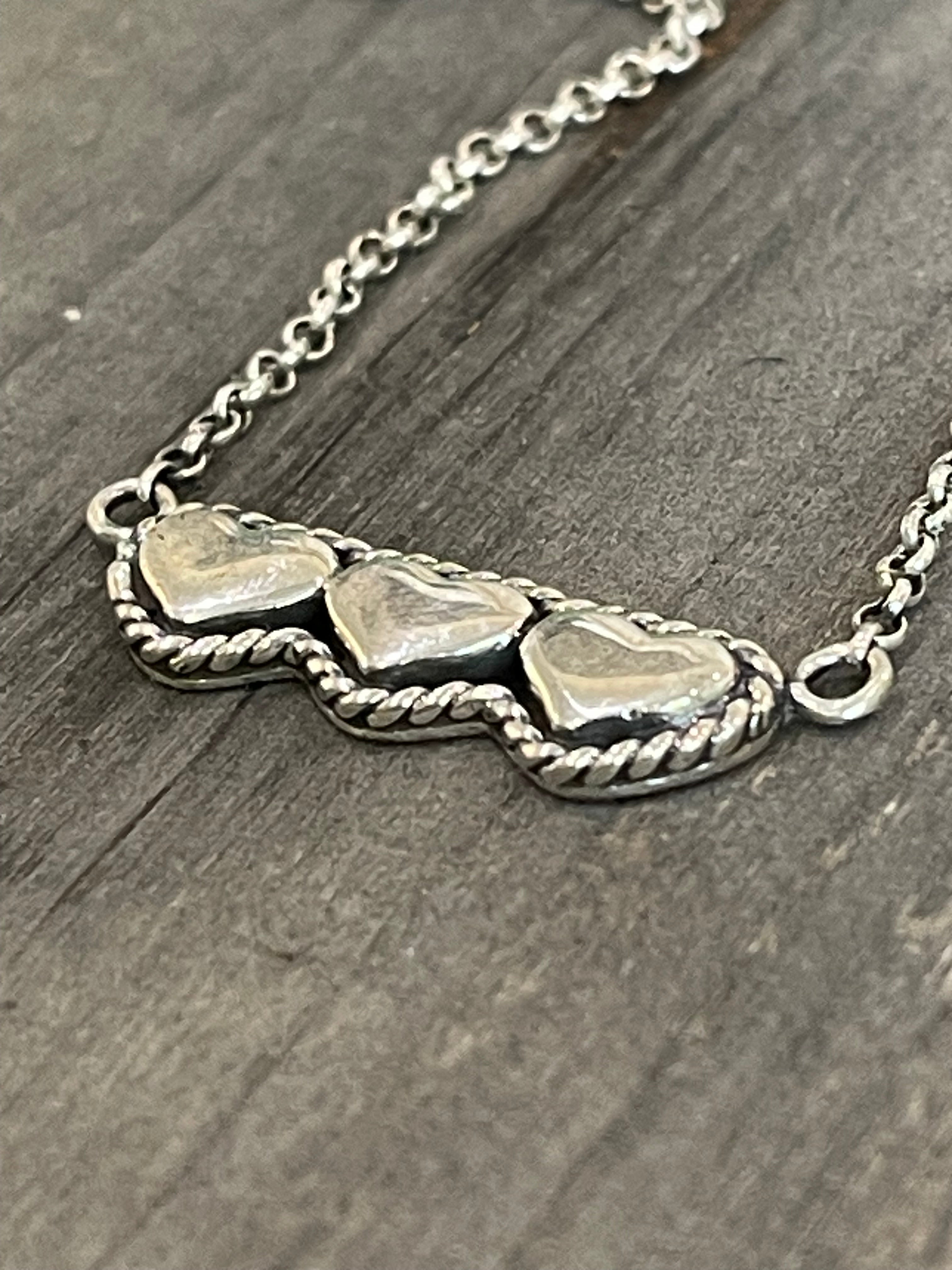 Southwest Sterling Silver 3 Heart Bar Necklace