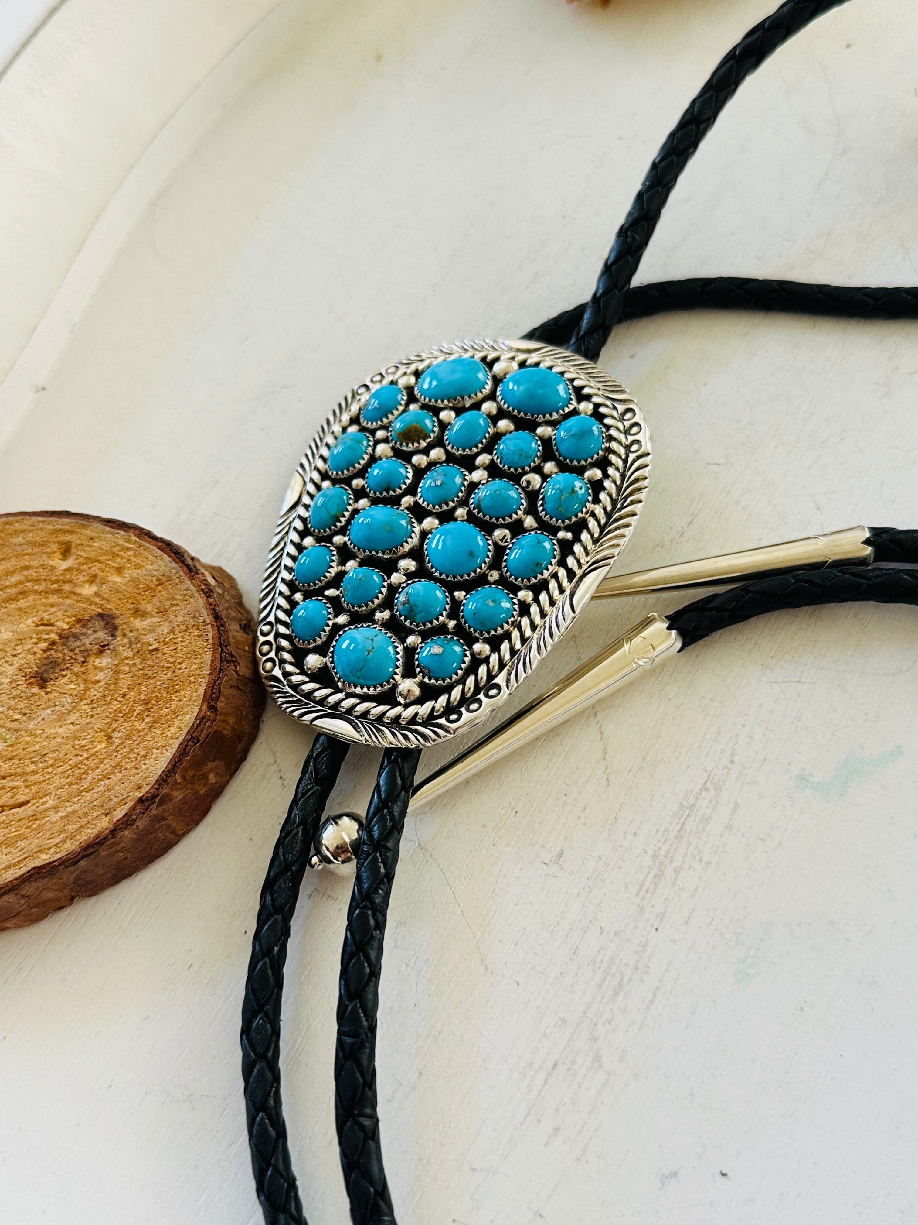 Navajo Made Kingman Turquoise & Sterling Silver Cluster Bolo Tie