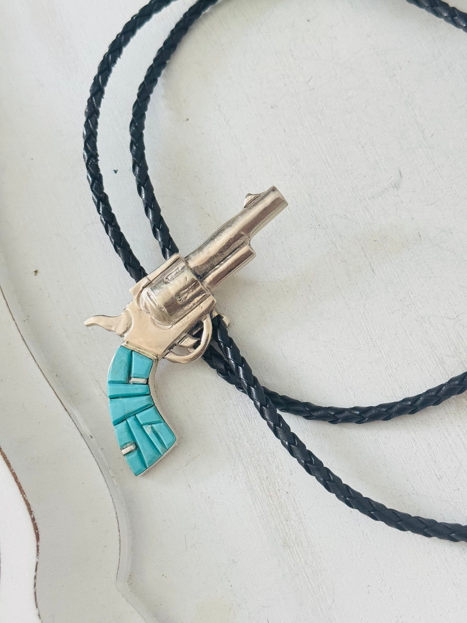 Bobby Mannelito Multi Stone & Sterling Silver Pistol Cobblestone Bolo Tie