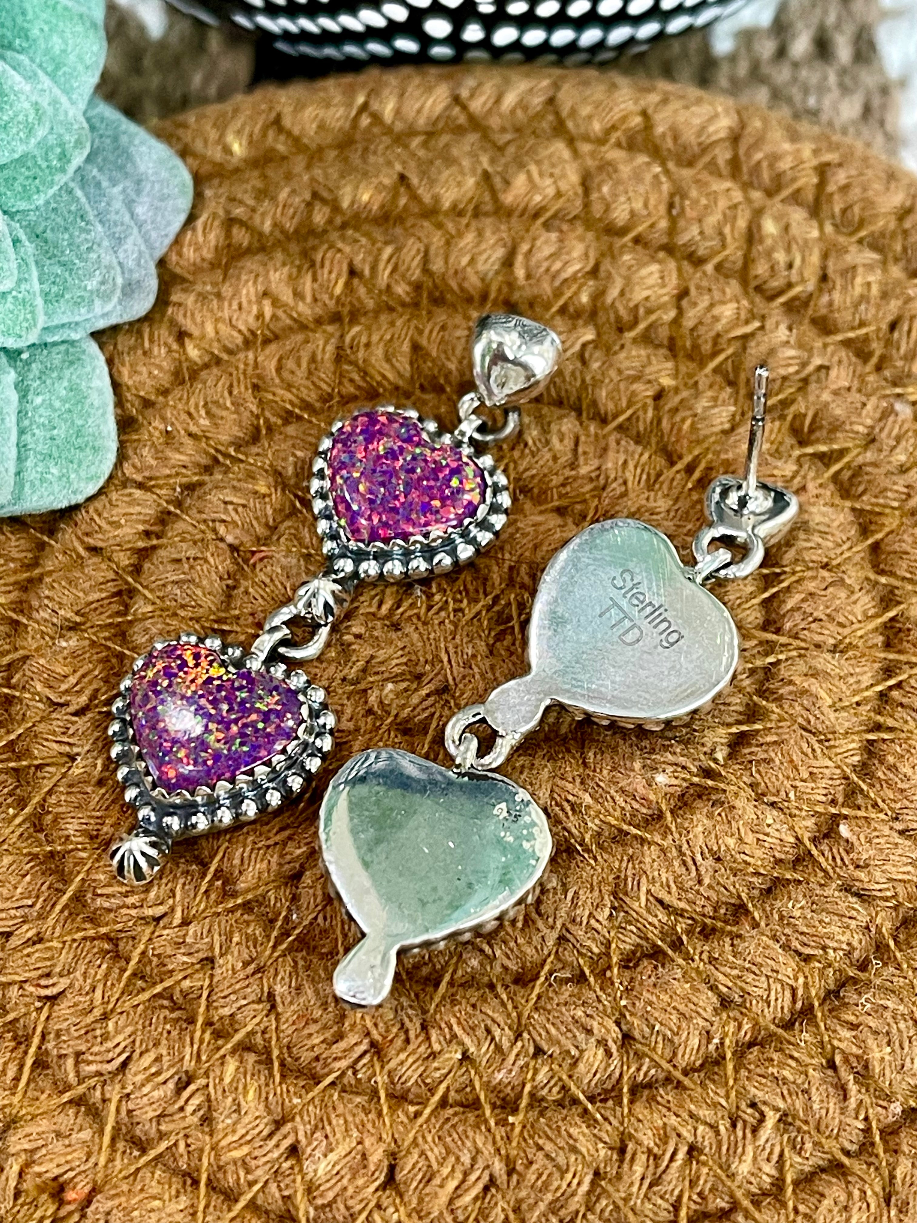 Southwest Handmade Opal & Sterling Silver Post Dangle Heart Earrings