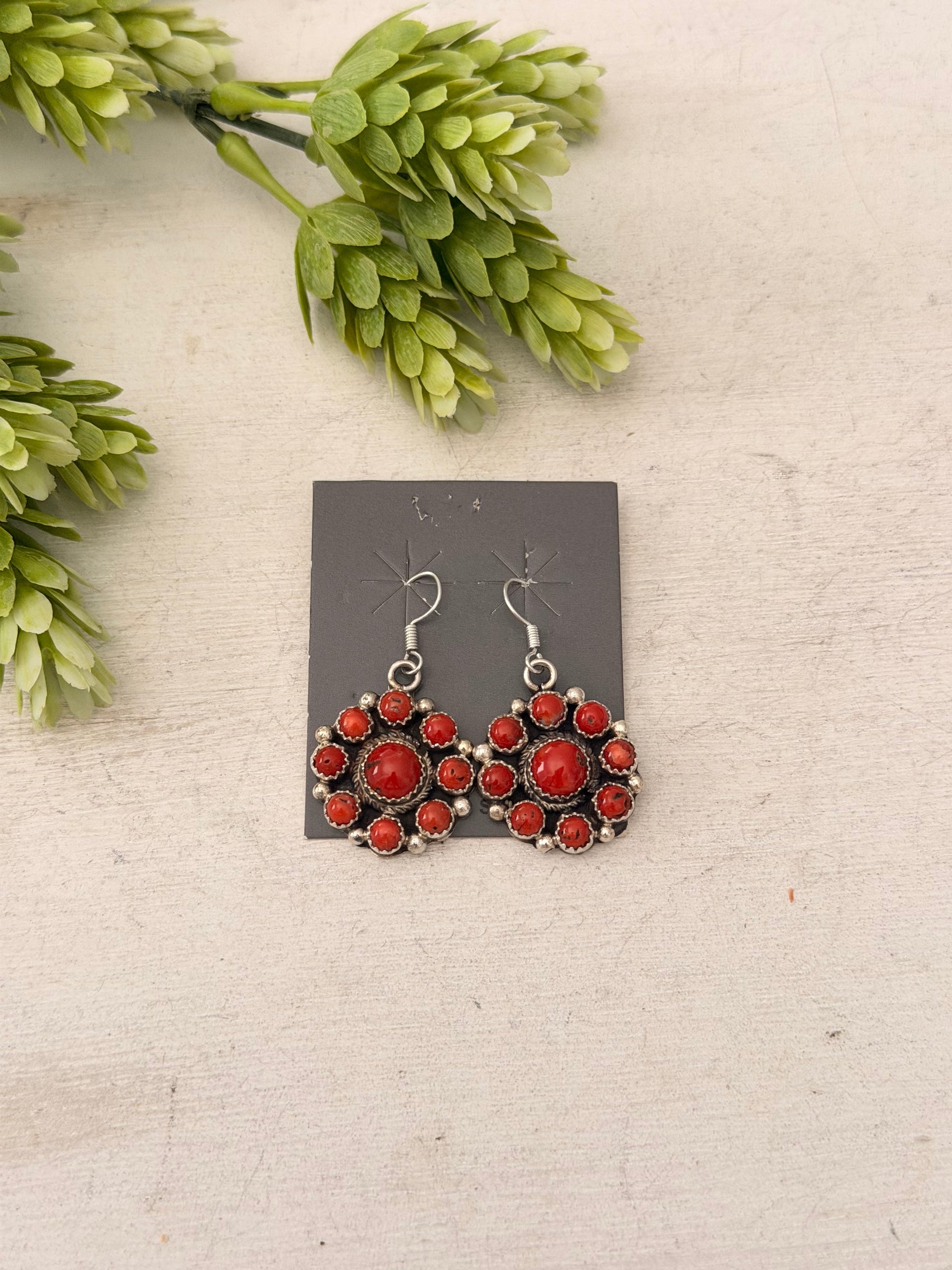 Navajo Made Red Coral & Sterling Silver Dangle Cluster Earrings