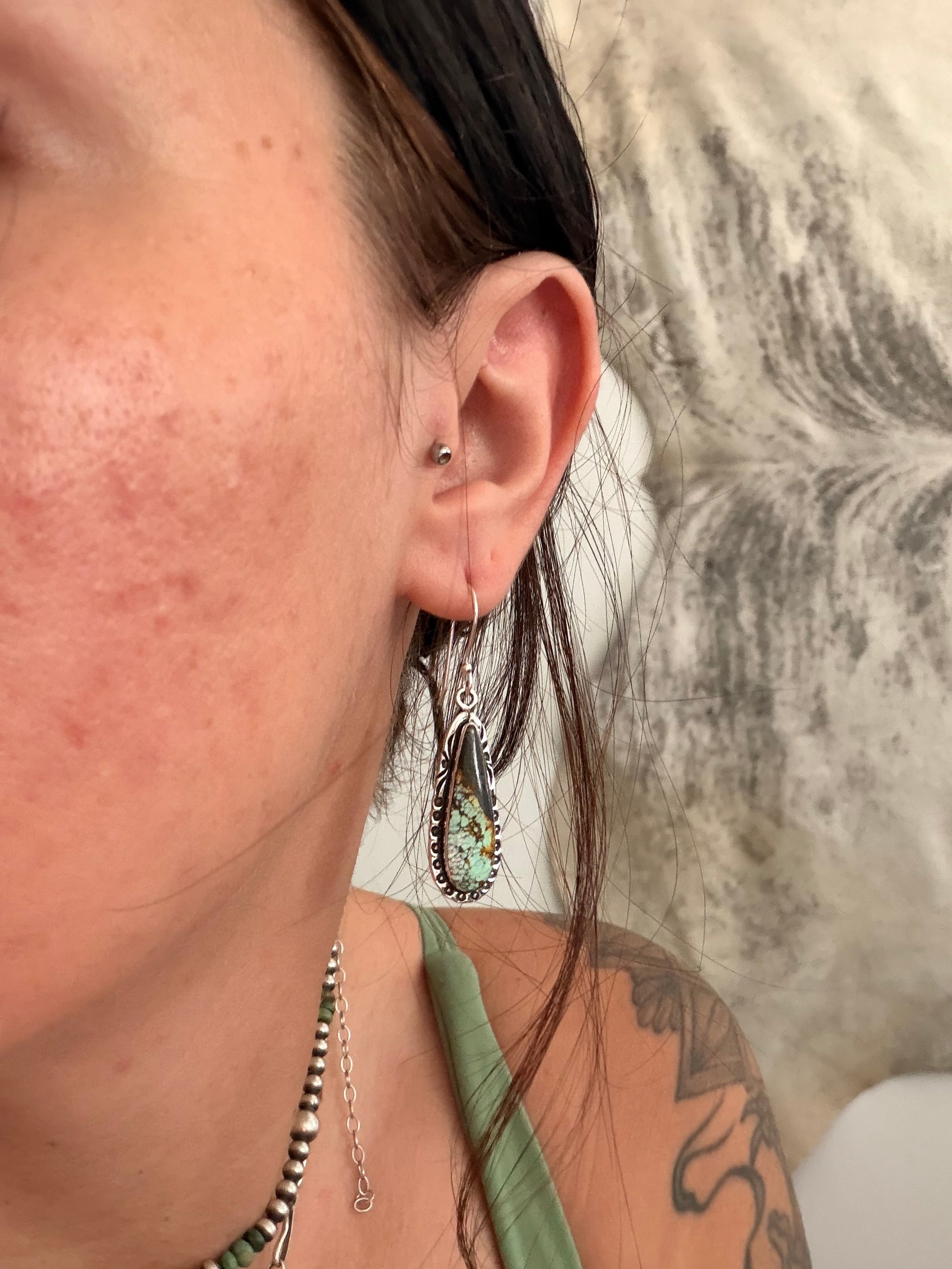 Navajo Made Black Jack Turquoise & Sterling Silver Dangle Earrings