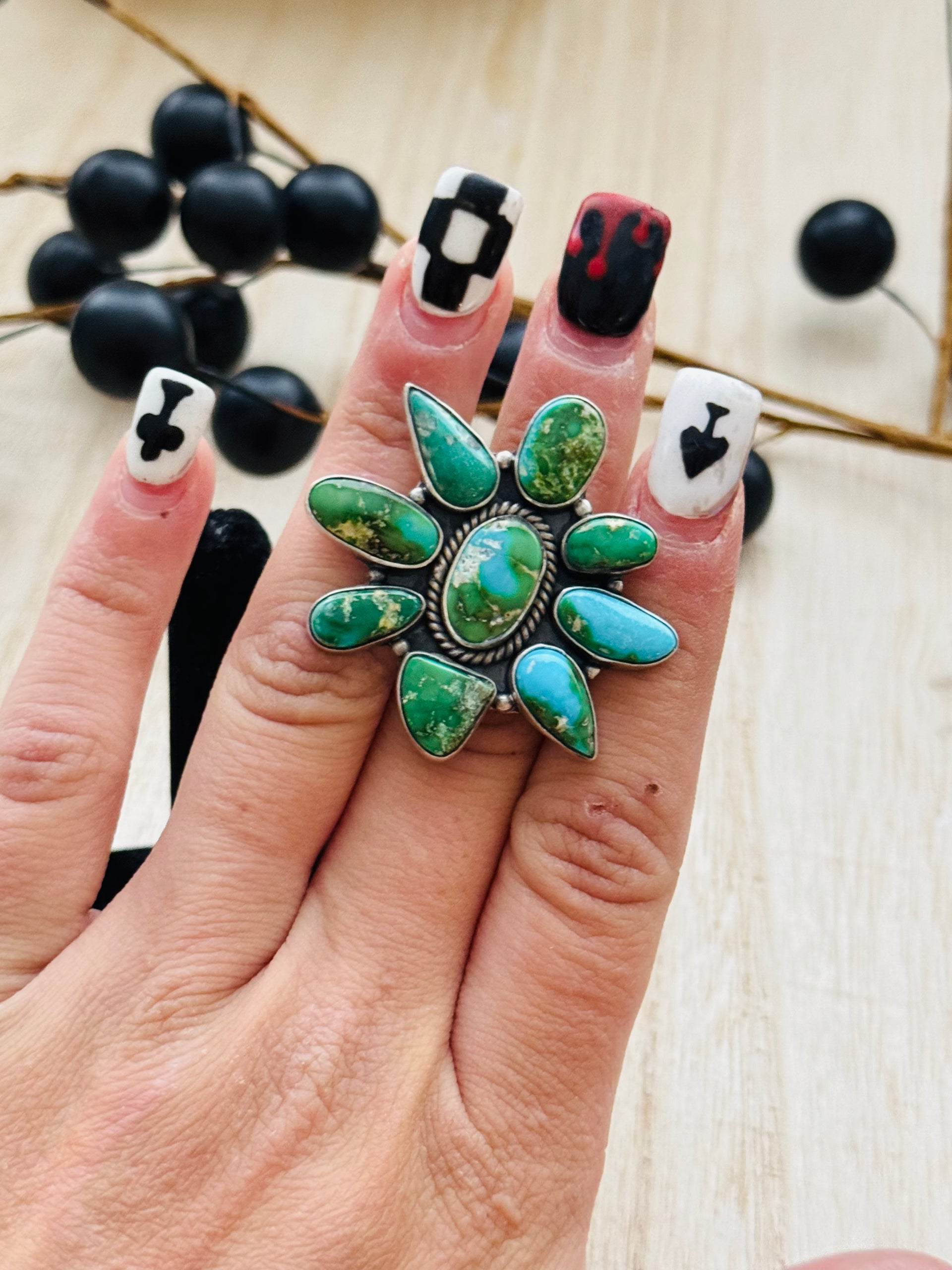 Southwest Handmade Sonoran Mountain Turquoise & Sterling Silver Adjustable Cluster Ring