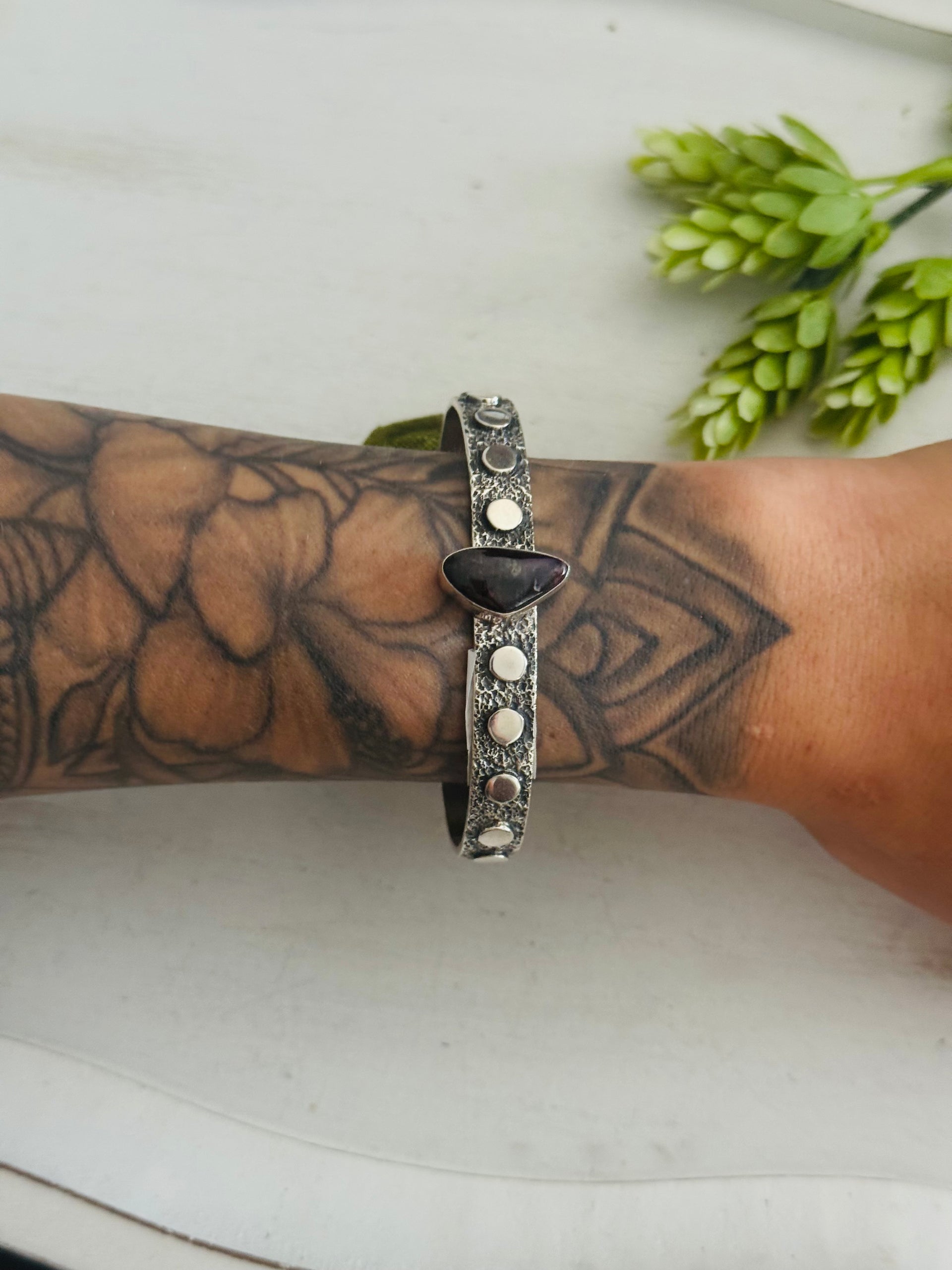 David Benally Sugilite & Sterling Silver Cluster Tufa Cast Cuff Bracelet