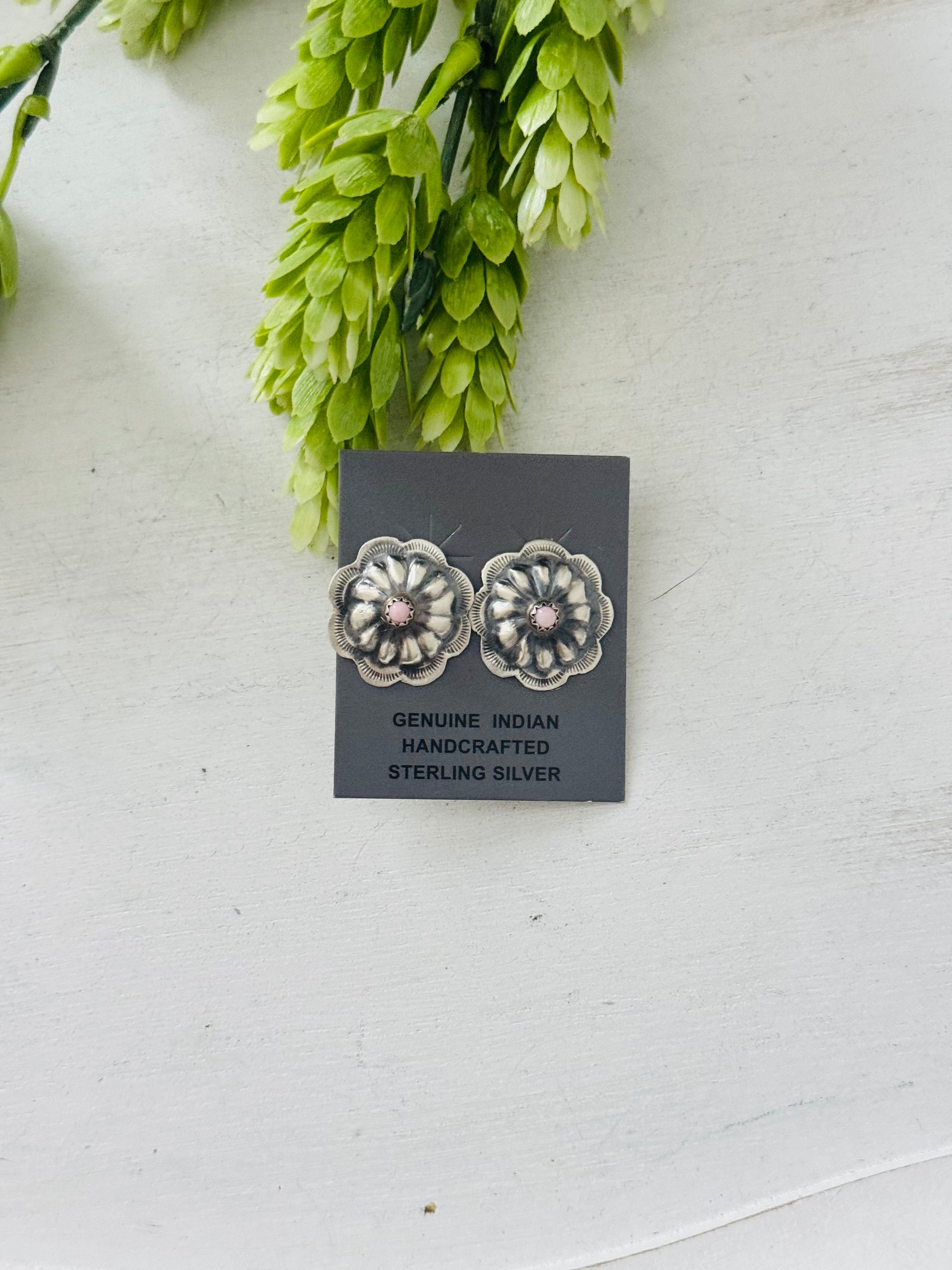 Navajo Made Pink Conch & Sterling Silver Post Concho Earrings