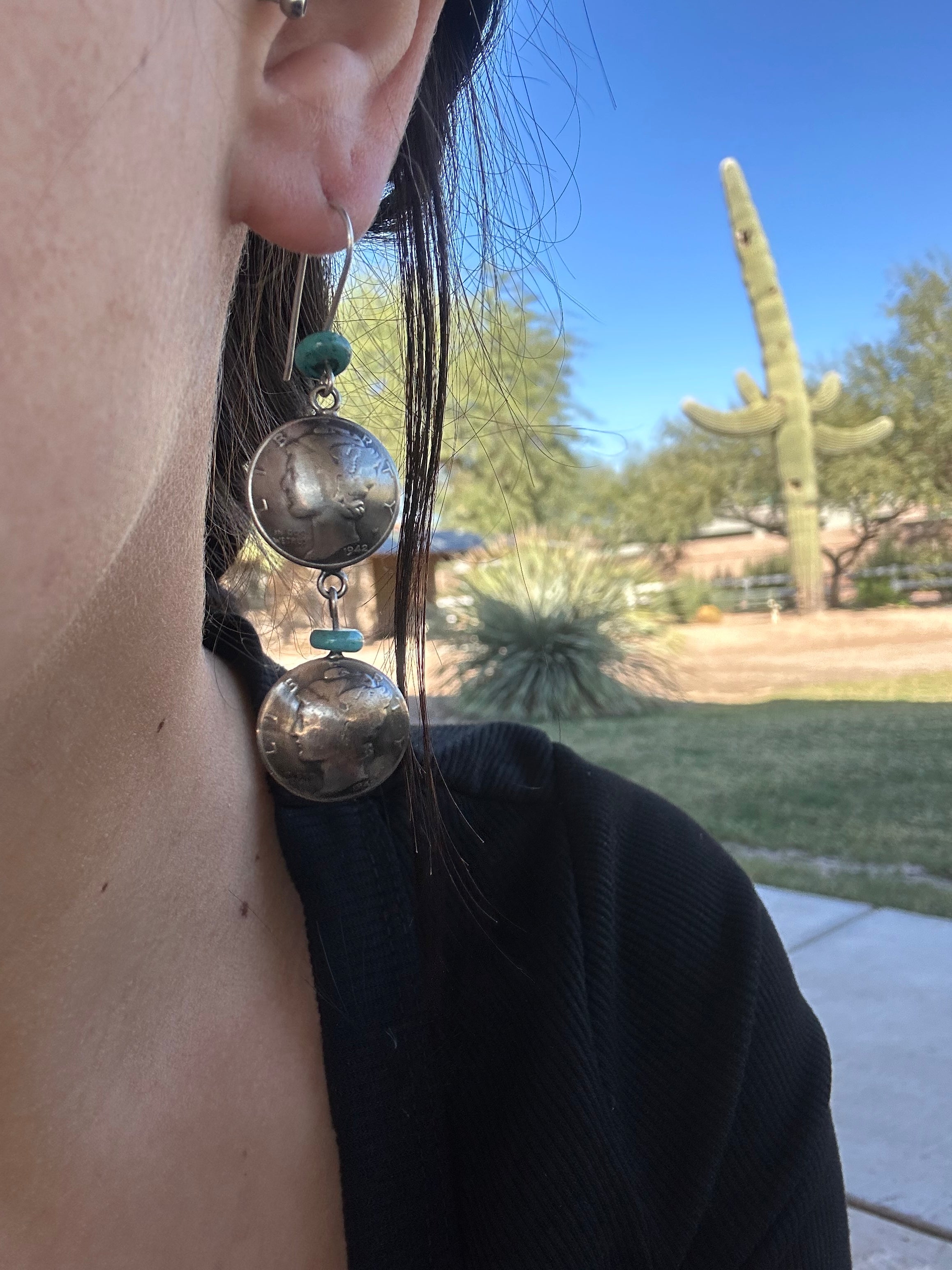 Navajo Made Kingman Turquoise & Sterling Silver Dime Dangle Earrings