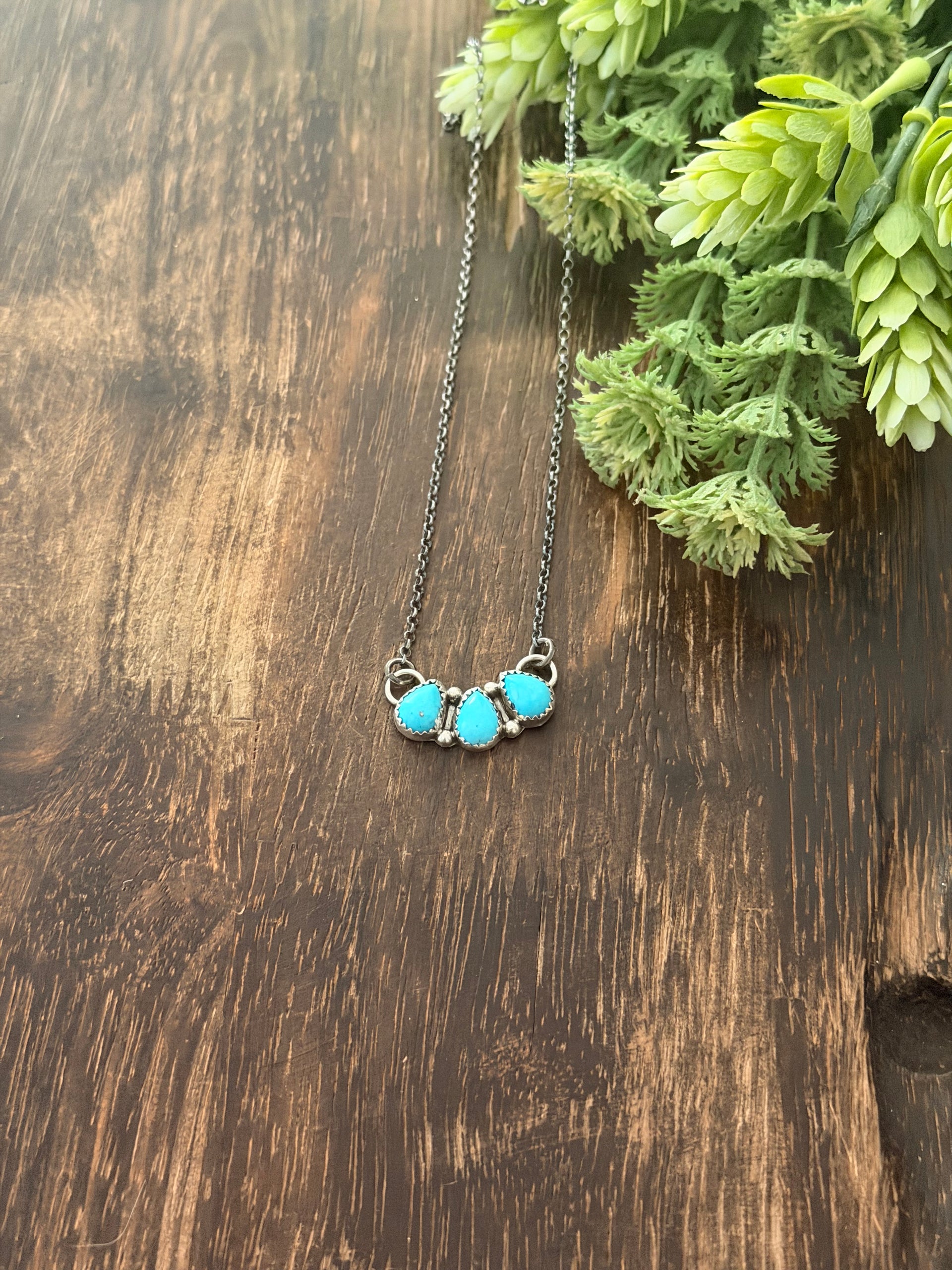 Navajo Made Kingman Turquoise & Sterling Silver Cluster Bar Necklace