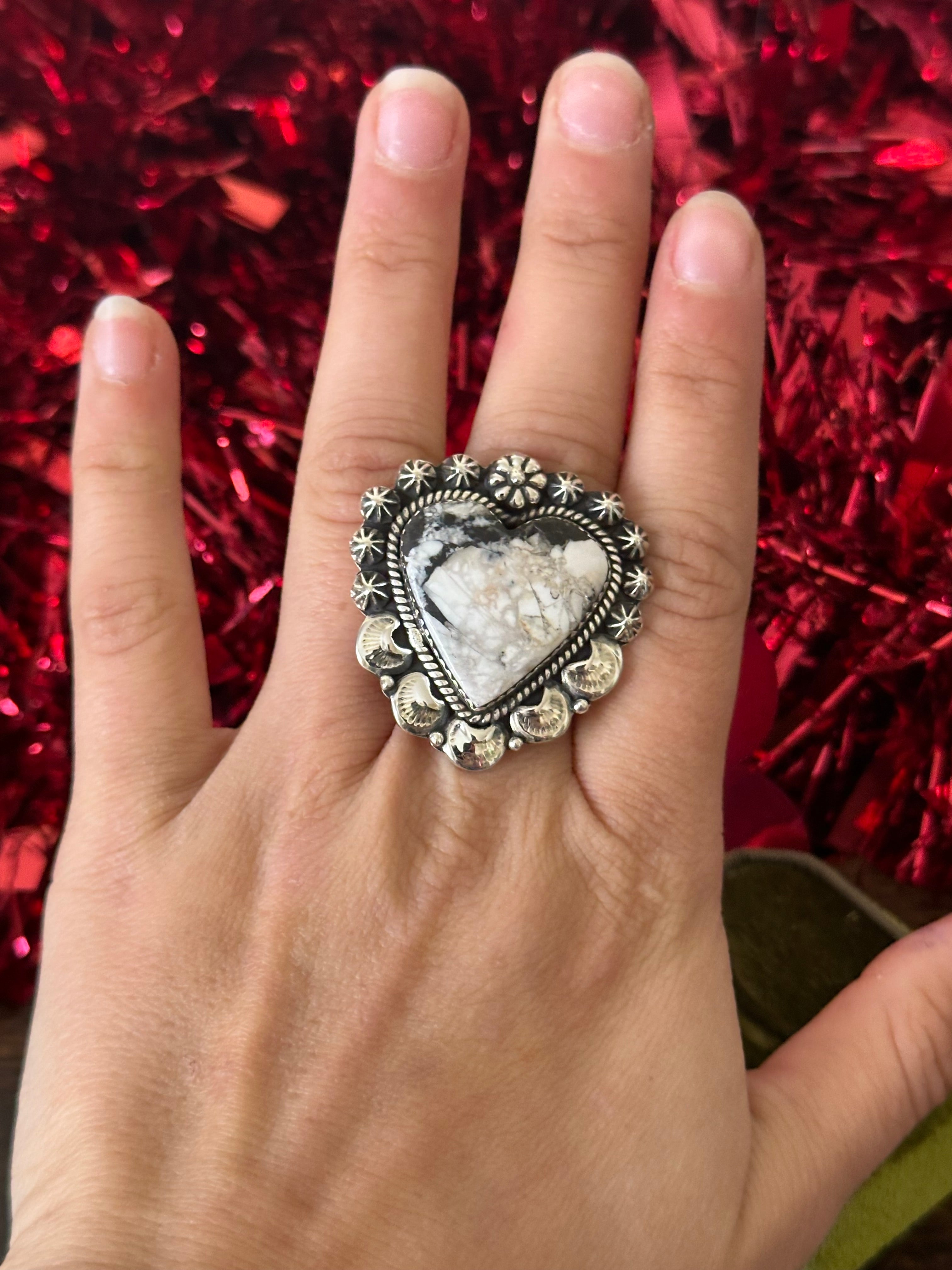 Southwest Handmade White Buffalo & Sterling Silver Adjustable Heart Ring