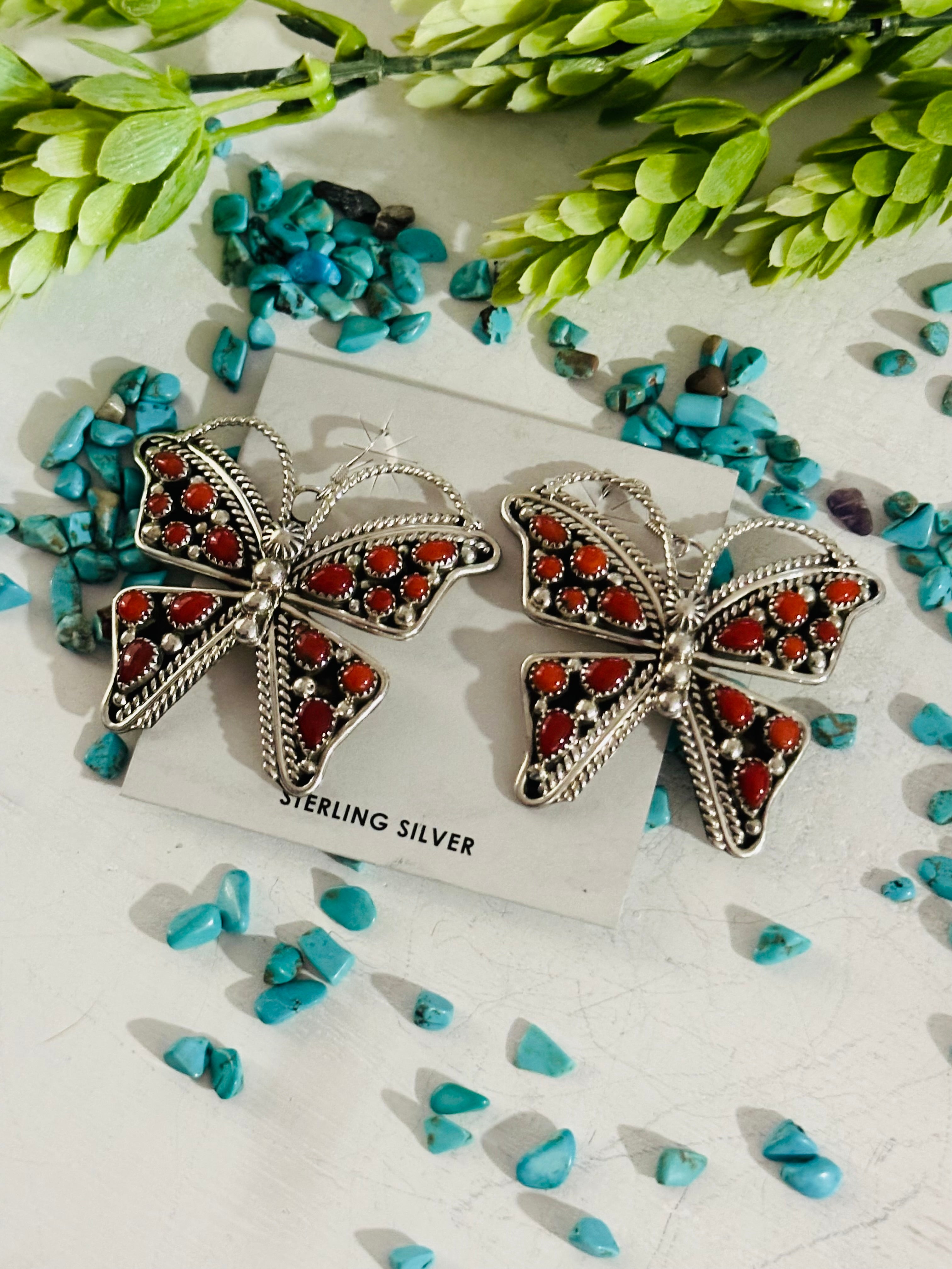 Navajo Made Coral & Sterling Silver Butterfly Dangle Earrings