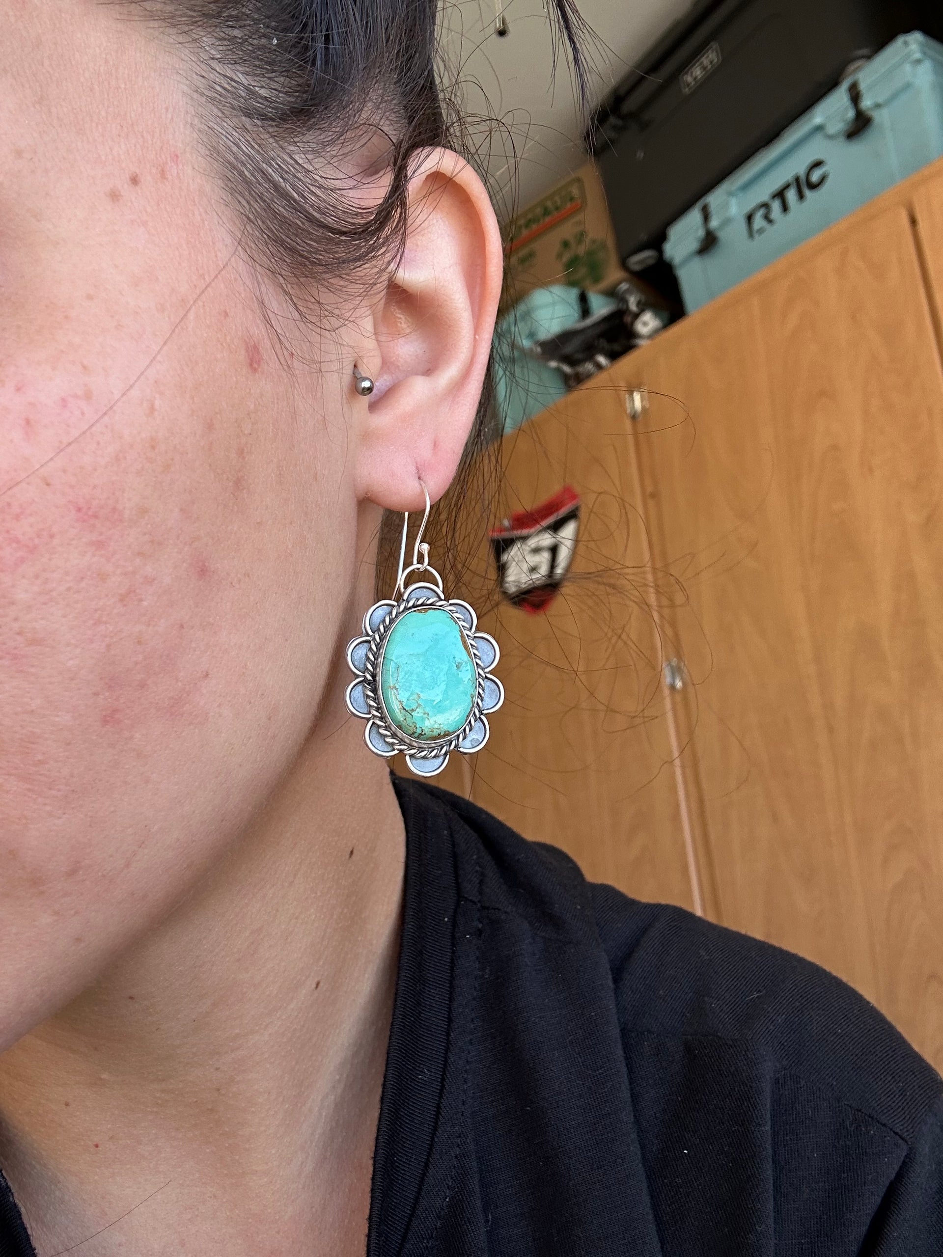 Navajo Made Kingman Turquoise & Sterling Silver Dangle Earrings