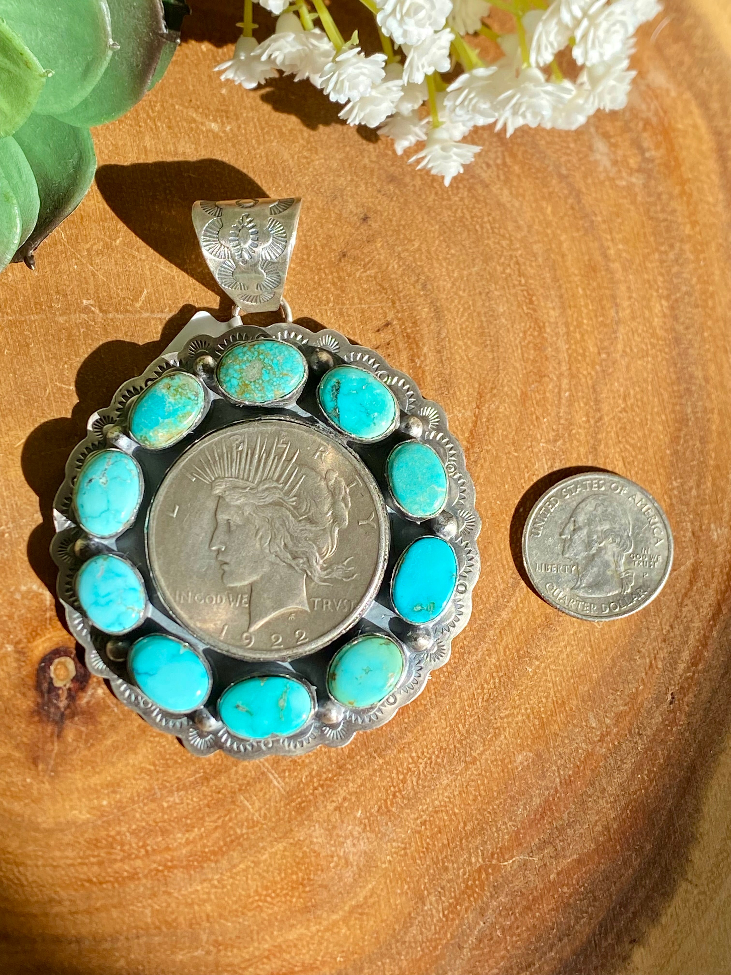 Navajo Made Kingman Turquoise & Sterling Silver 1922 Silver Dollar PENDANT ONLY