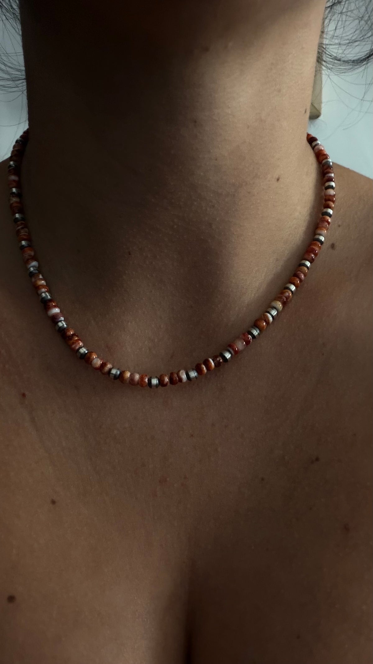 Navajo Strung Spiny Oyster & Sterling Silver Machine Made Pearl Beaded 16” Necklace