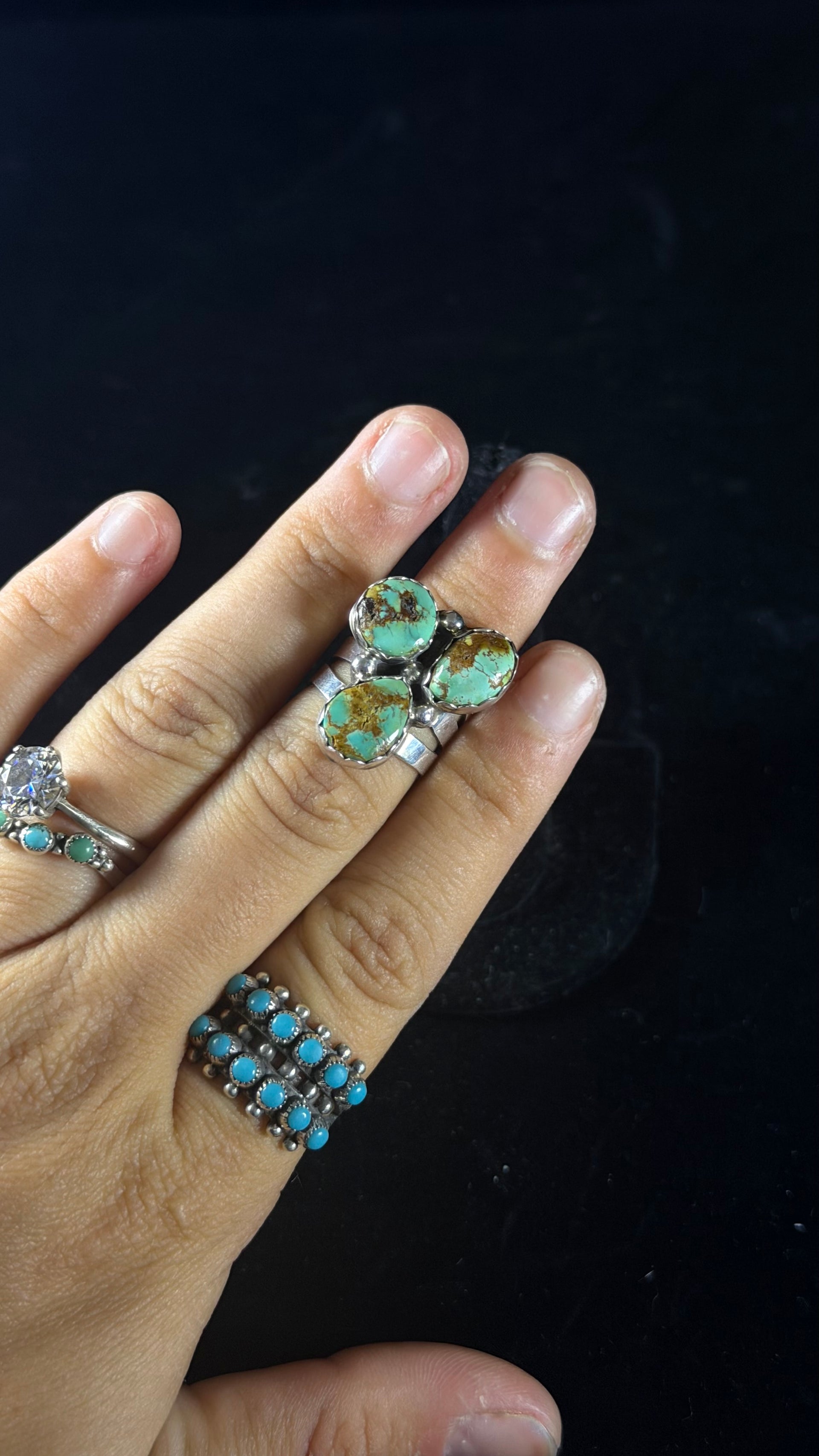 Navajo Made Kingman Turquoise & Sterling Silver Cluster Ring Size 5