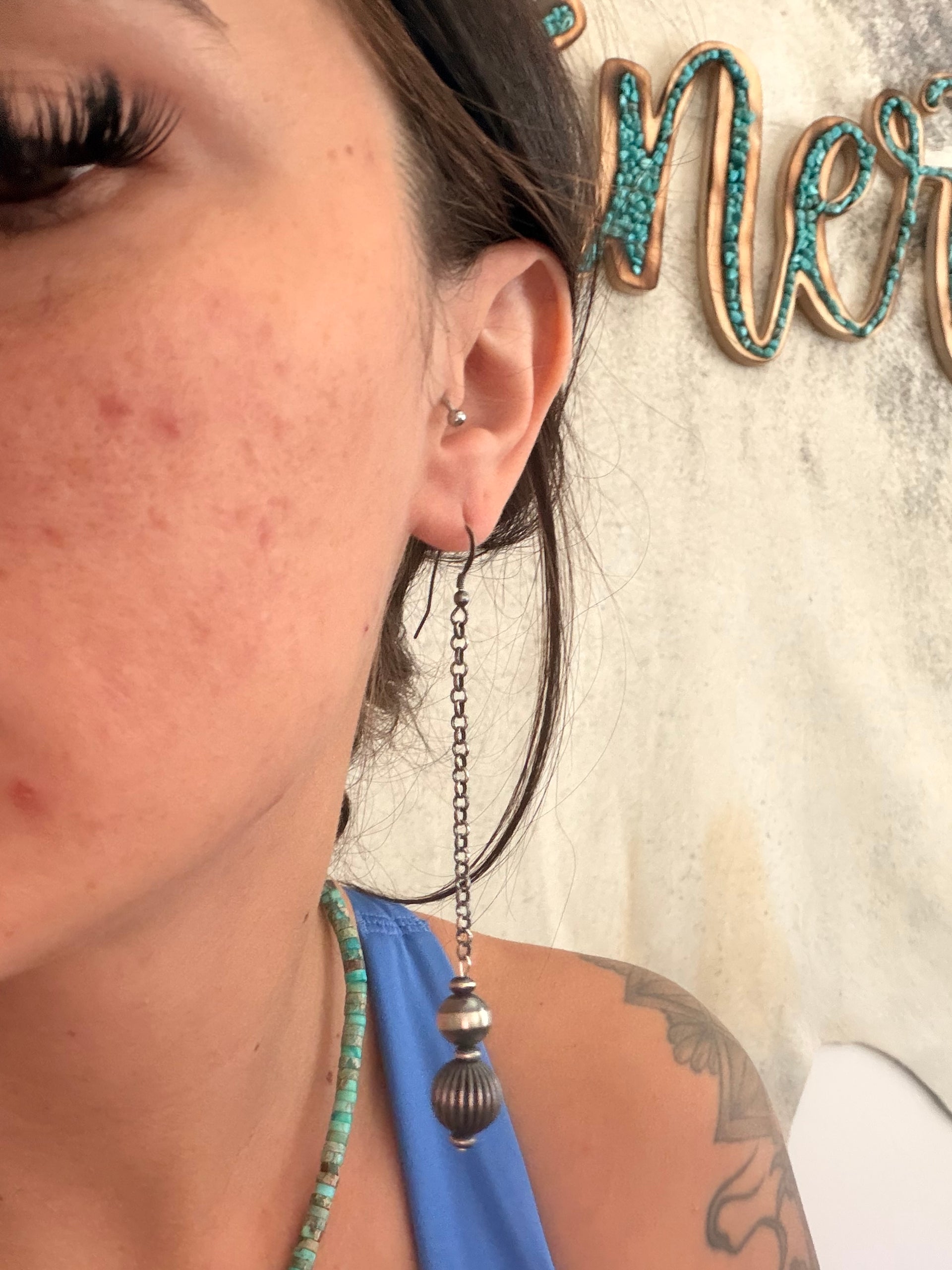 Navajo Strung Machine Made Sterling Silver Graduated Pearl Dangle Earrings