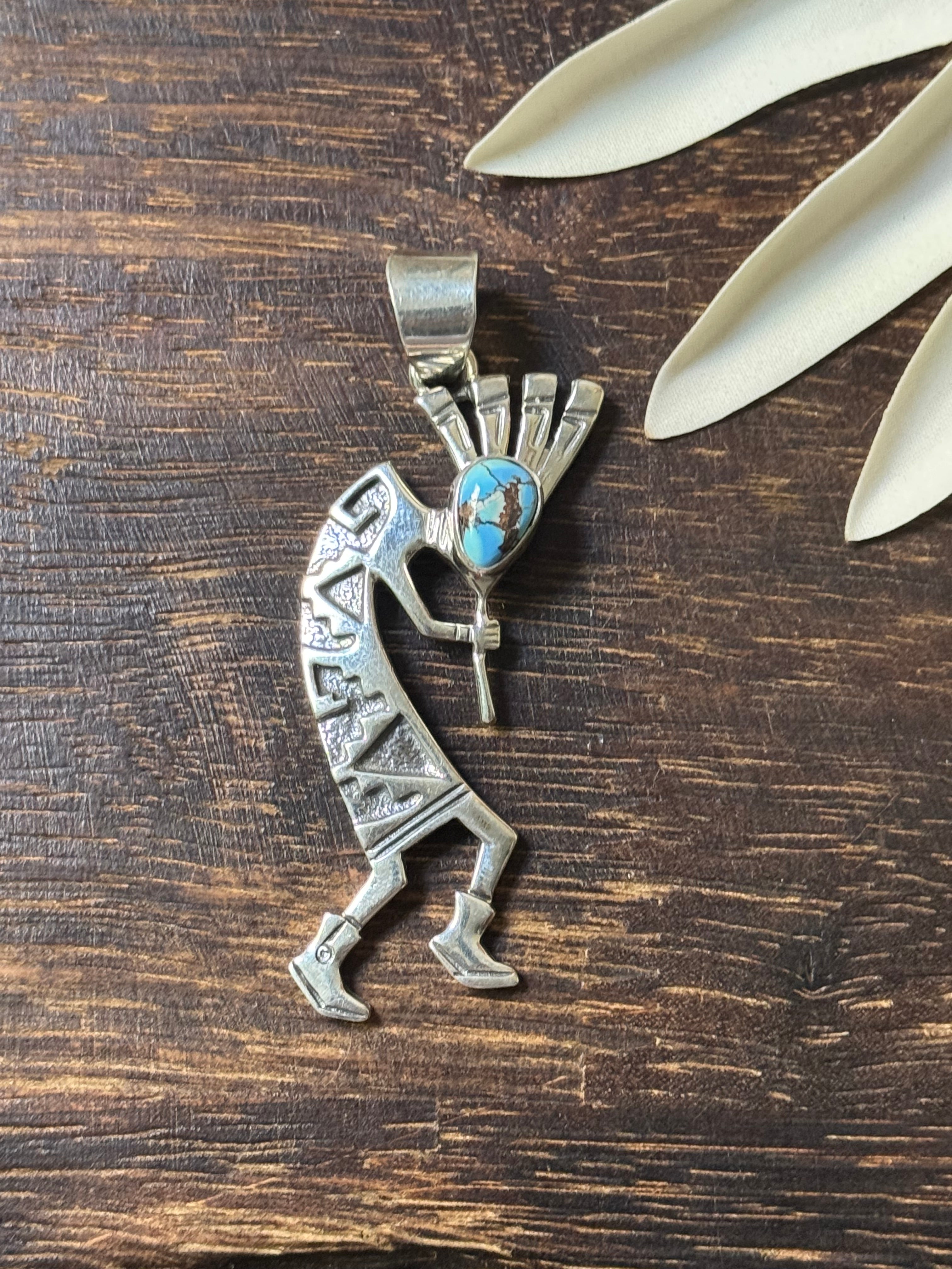 Navajo Made Turquoise & Sterling Silver Kokopelli Pendant