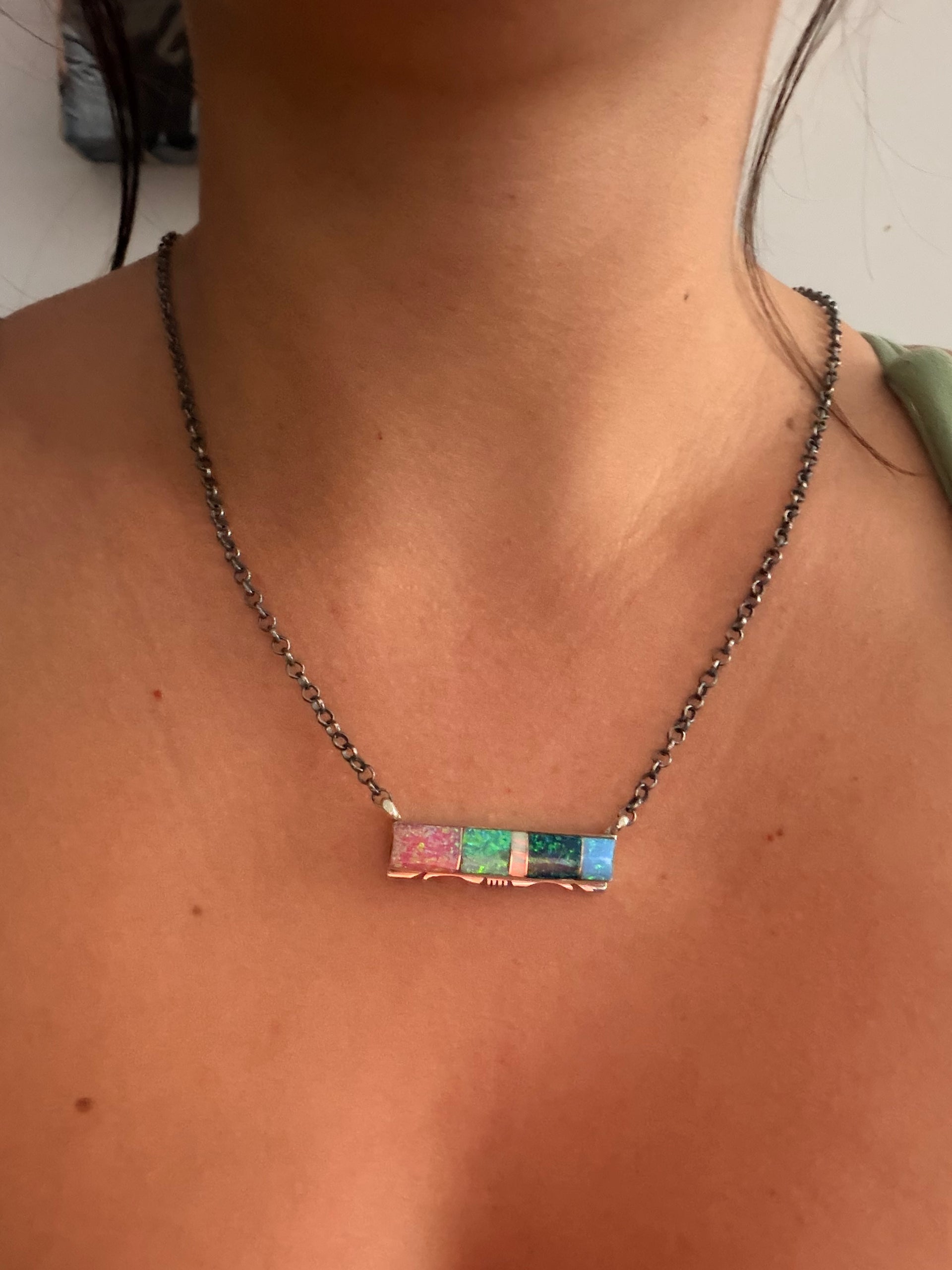 Steve Francisco Opal & Sterling Silver Inlay Bar Necklace