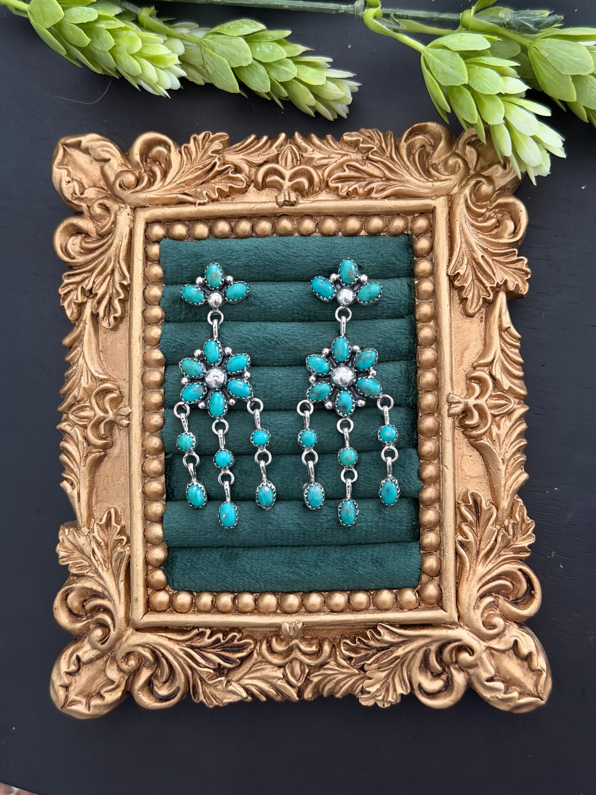 Navajo Made Red Skin Turquoise & Sterling Silver Post Dangle Cluster Earrings