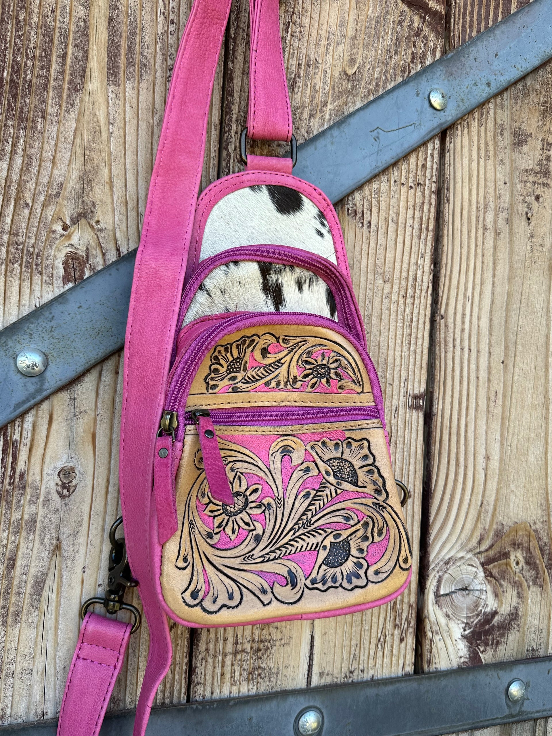 Genuine Tooled Leather & Cowhide Cross Body Purse/Pack