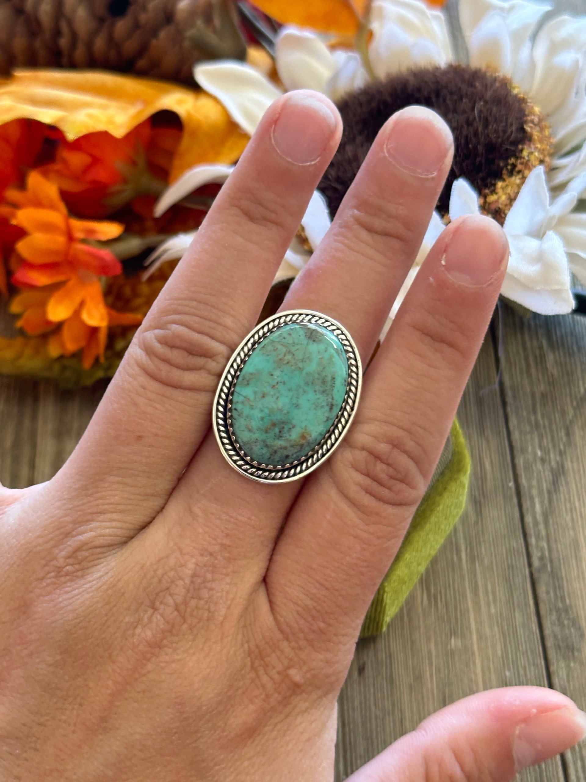 Southwest Handmade #8 Turquoise & Sterling Silver Adjustable Ring