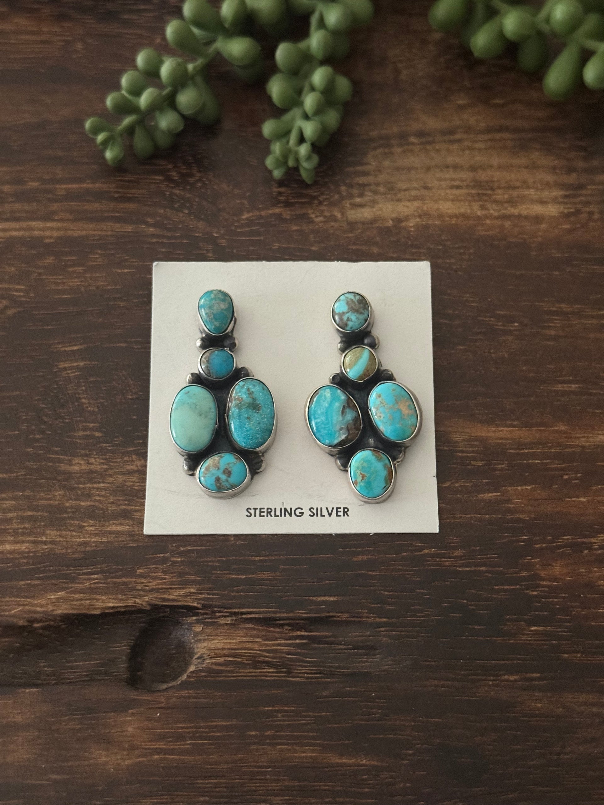 Navajo Made Kingman Turquoise & Sterling Silver Post Dangle Cluster Earrings