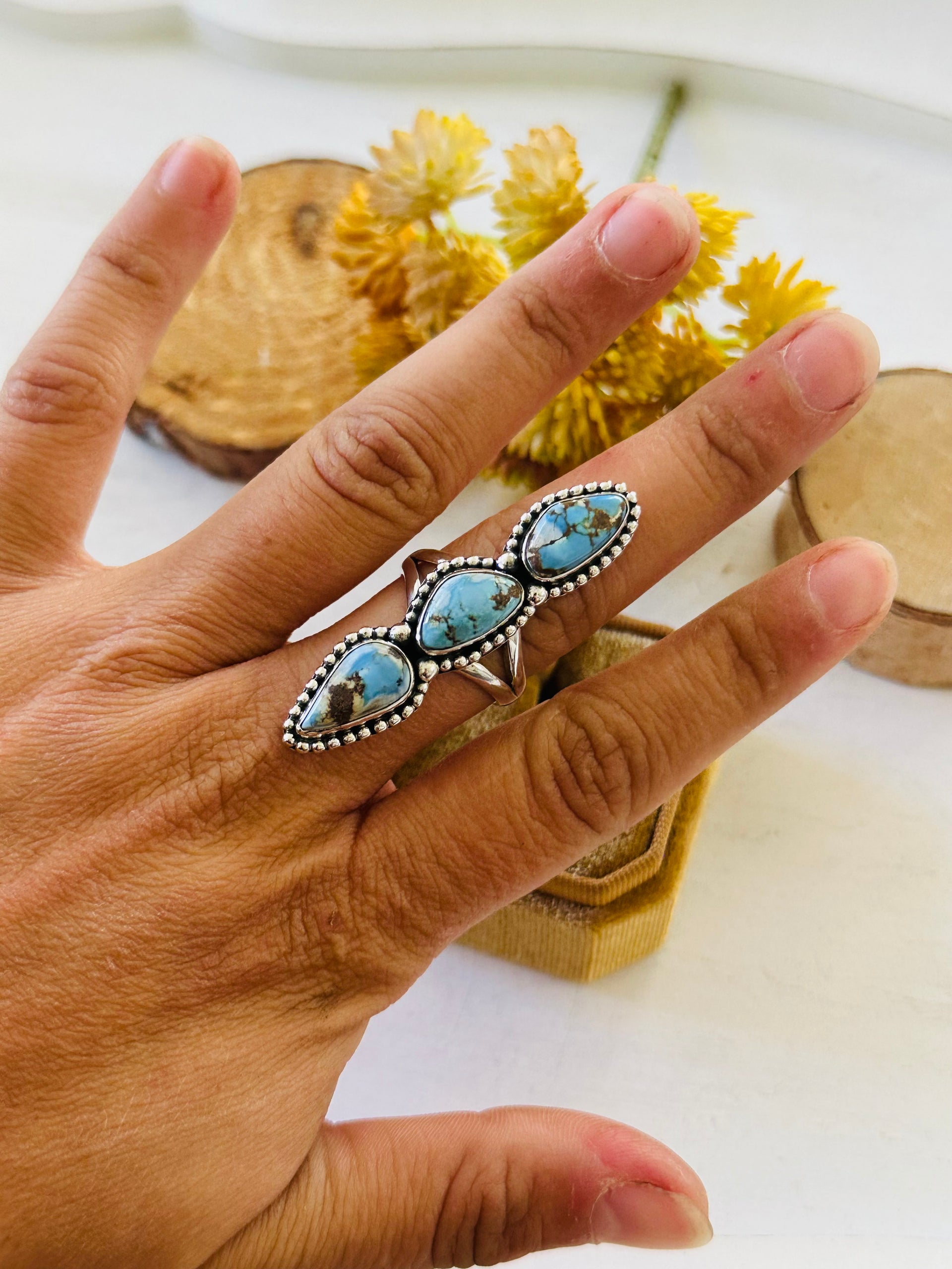 Southwest Handmade Golden Hills Turquoise & Sterling Silver Ring Size 8