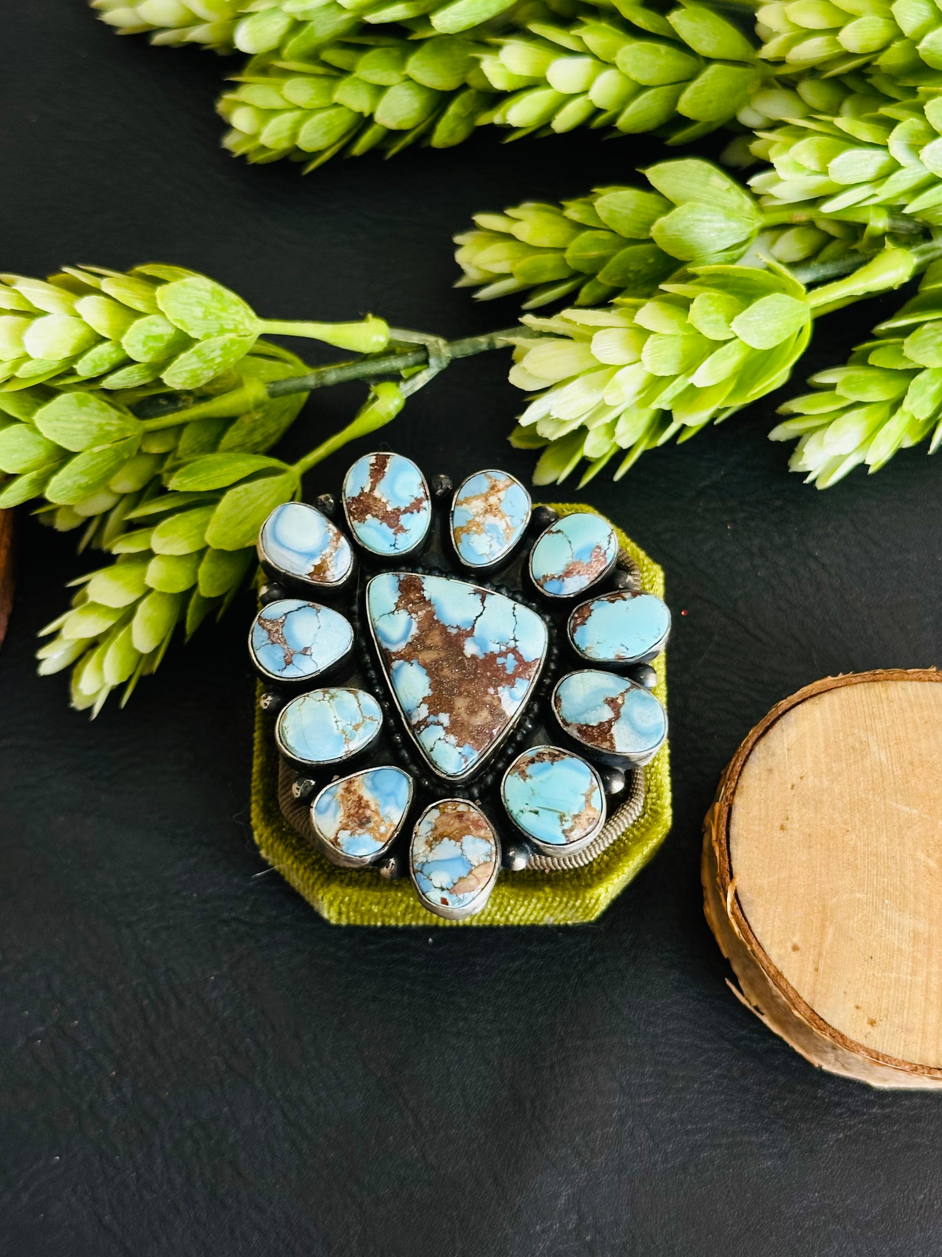 Navajo Made High Grade Golden Hills Turquoise & Sterling Silver Cluster Ring Size 7