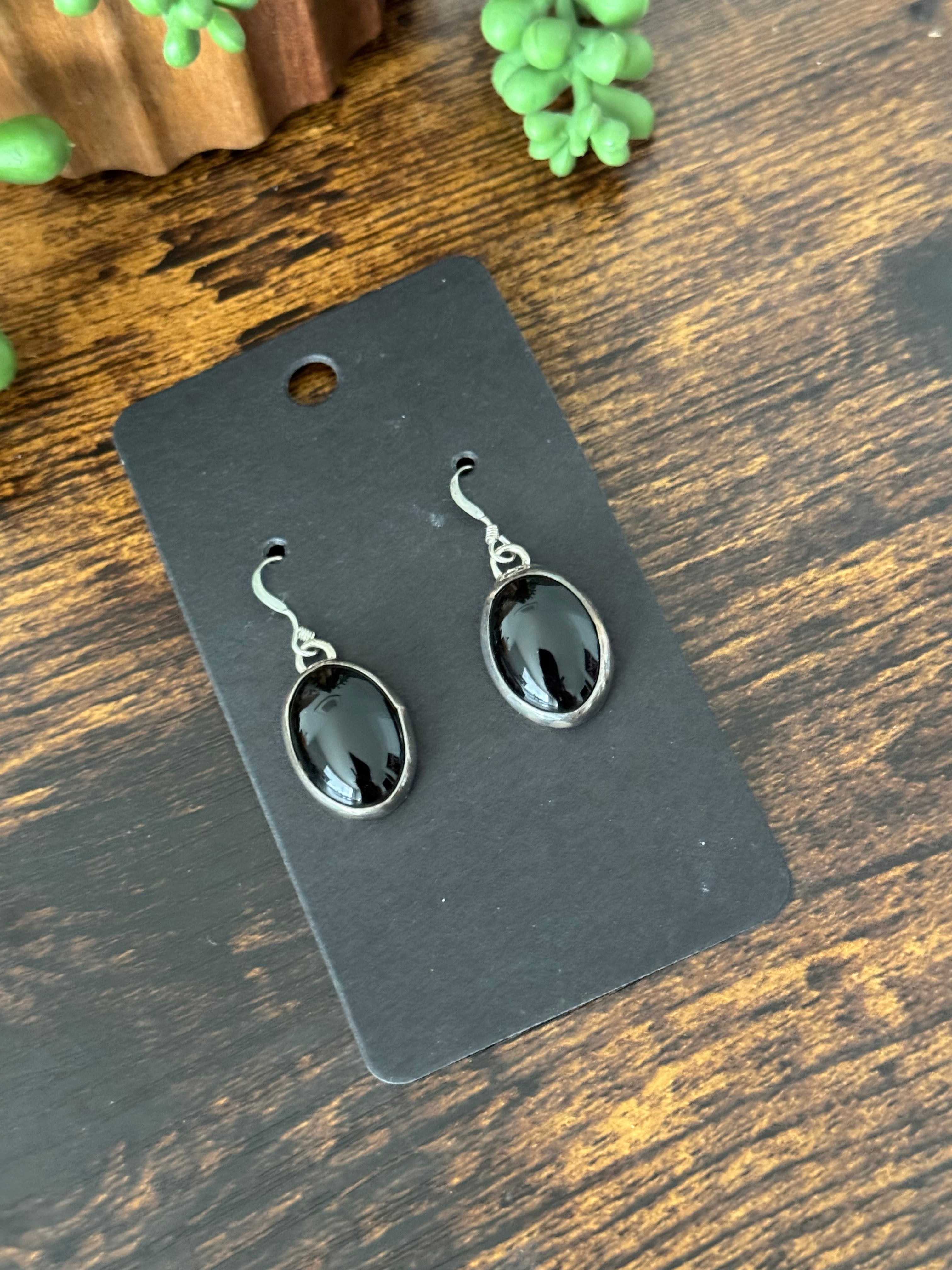 Navajo Made Onyx & Sterling Silver Dangle Earrings