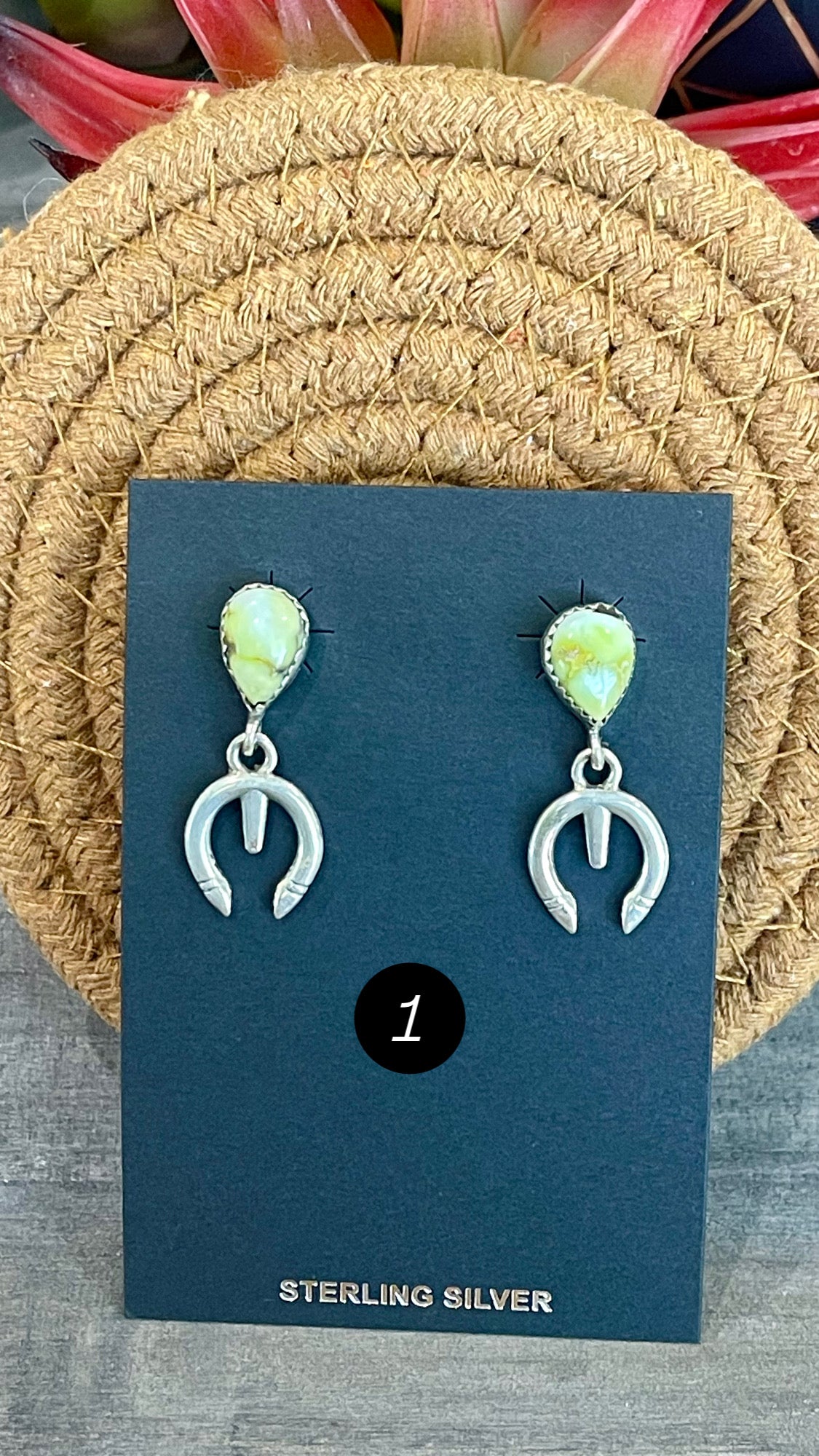 Southwest Handmade Palomino Variscite & Sterling Silver Post Dangle Naja Earrings