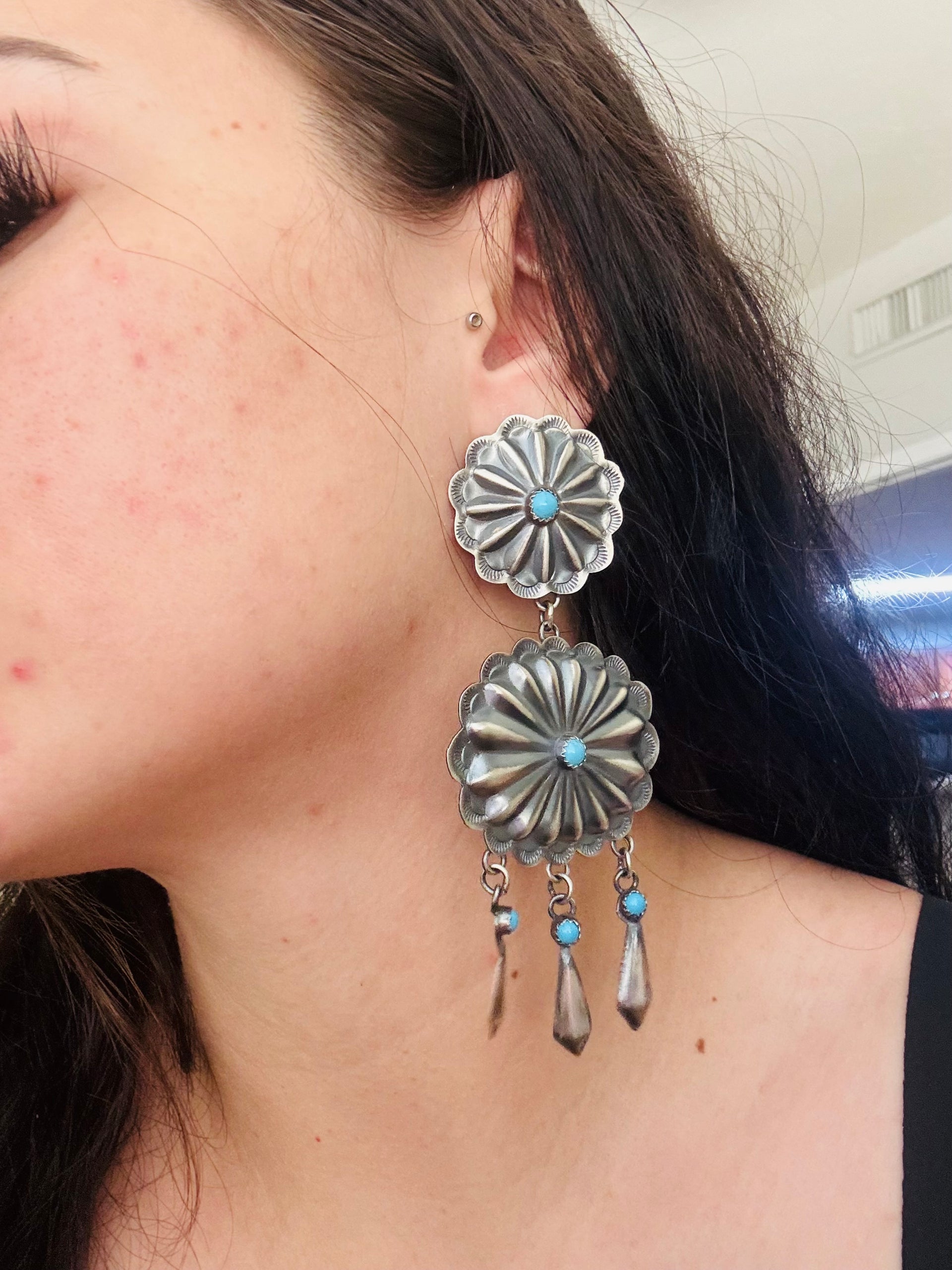 Navajo Made Kingman Turquoise & Sterling Silver Post Dangle Concho Earrings