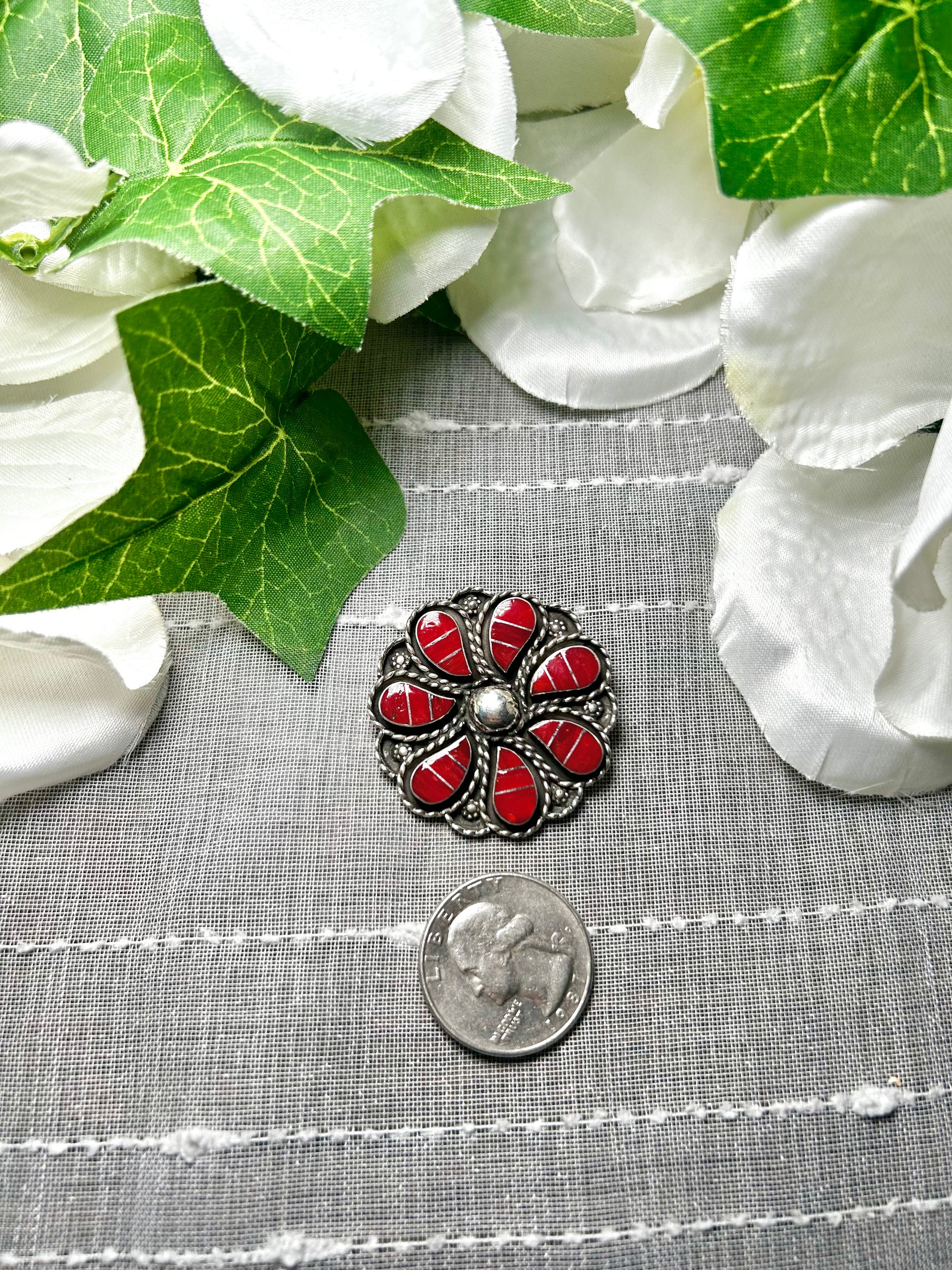 Zuni Made Coral & Sterling Silver Pendant/Pin