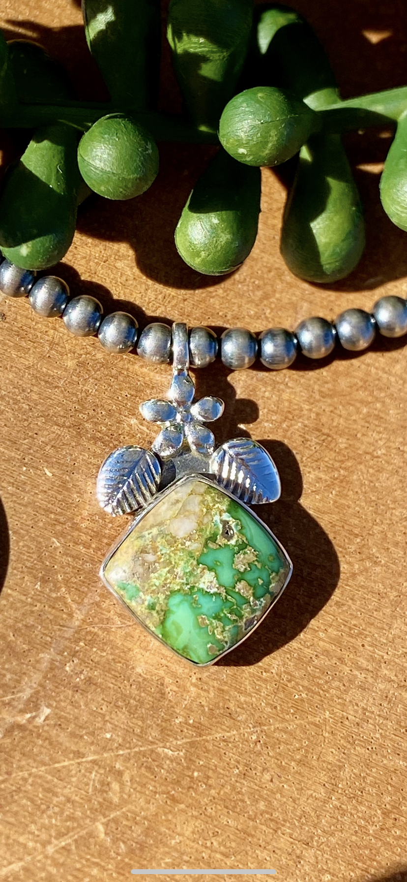 Southwest Handmade Sonoran Gold Turquoise & Sterling Silver 4mm Pearl Necklace Adjustable length Diamond Shape
