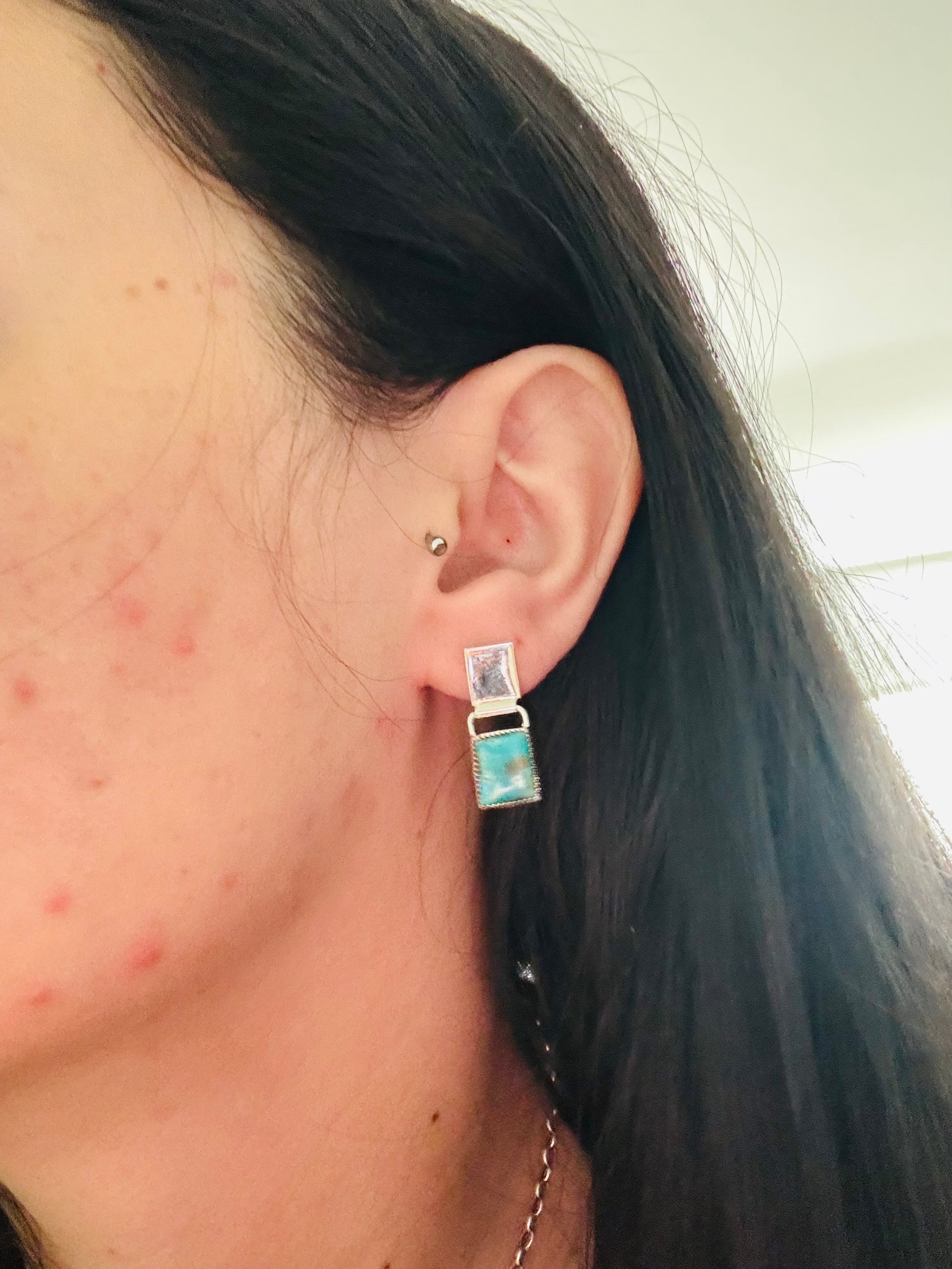 Navajo Made Kingman Turquoise & Sterling Silver Post Dangle Earrings