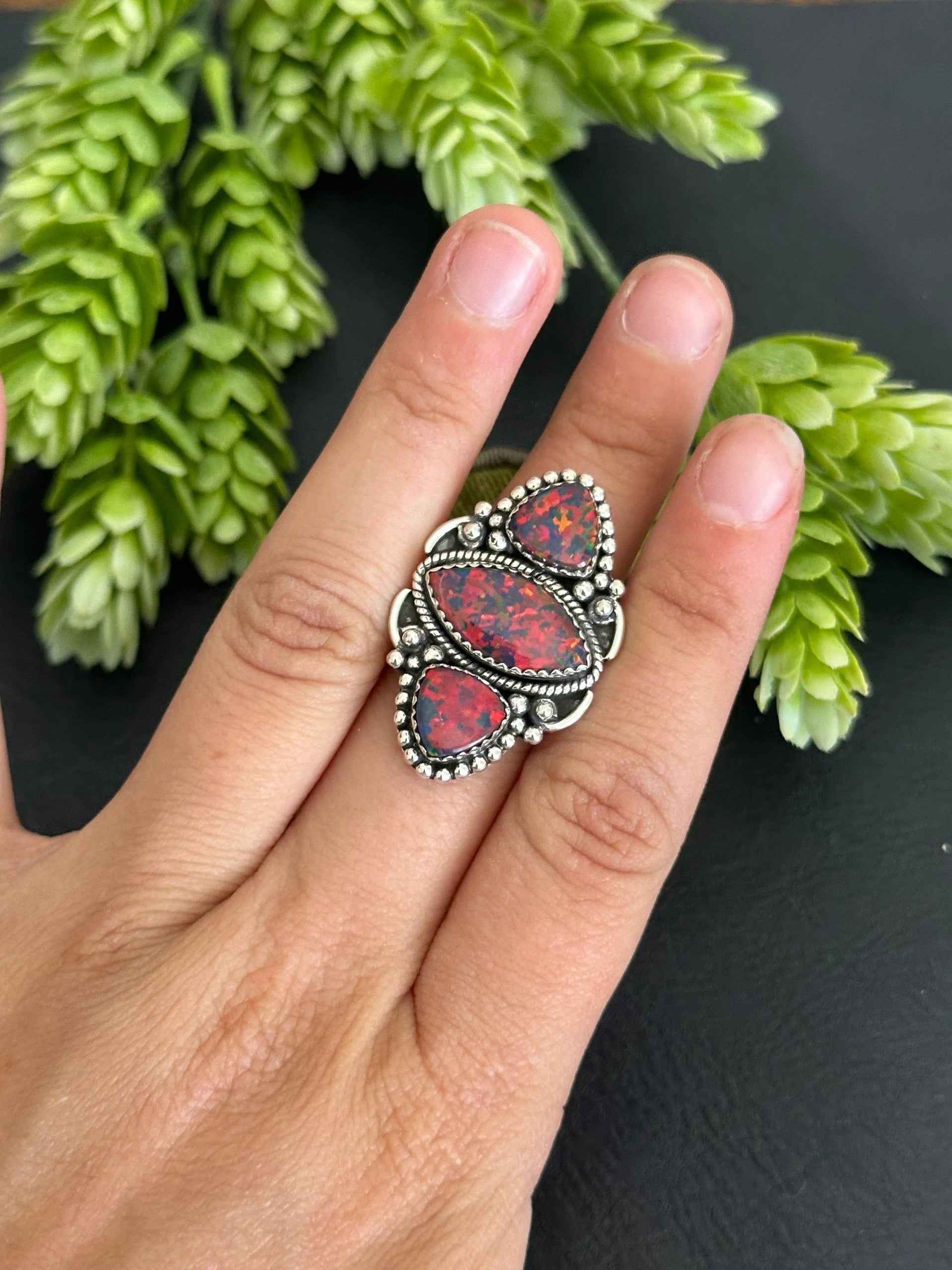 Southwest Handmade Opal & Sterling Silver Adjustable Cluster Ring