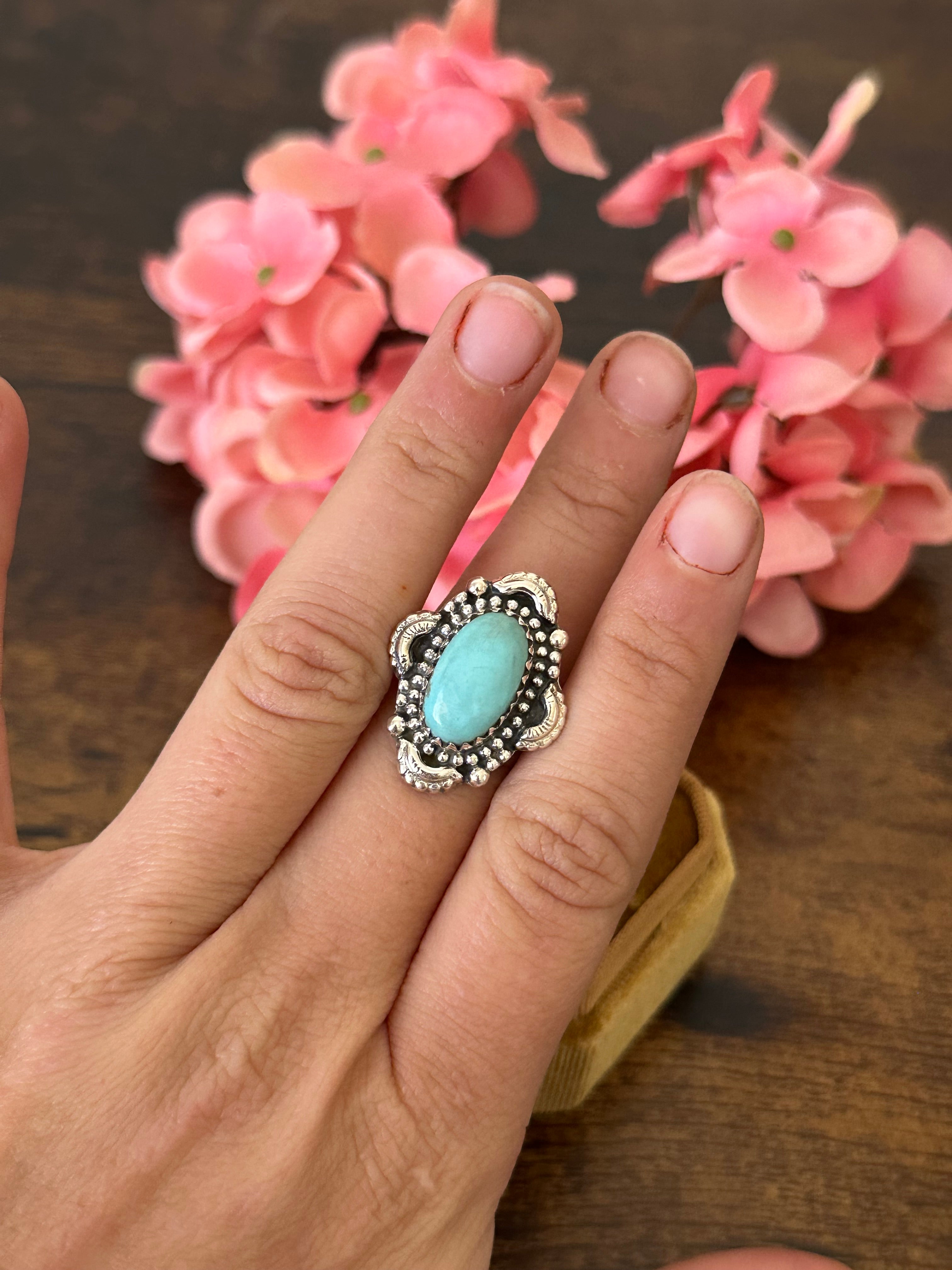 Southwest Handmade Kingman Turquoise & Sterling Silver Ring Size 7.5