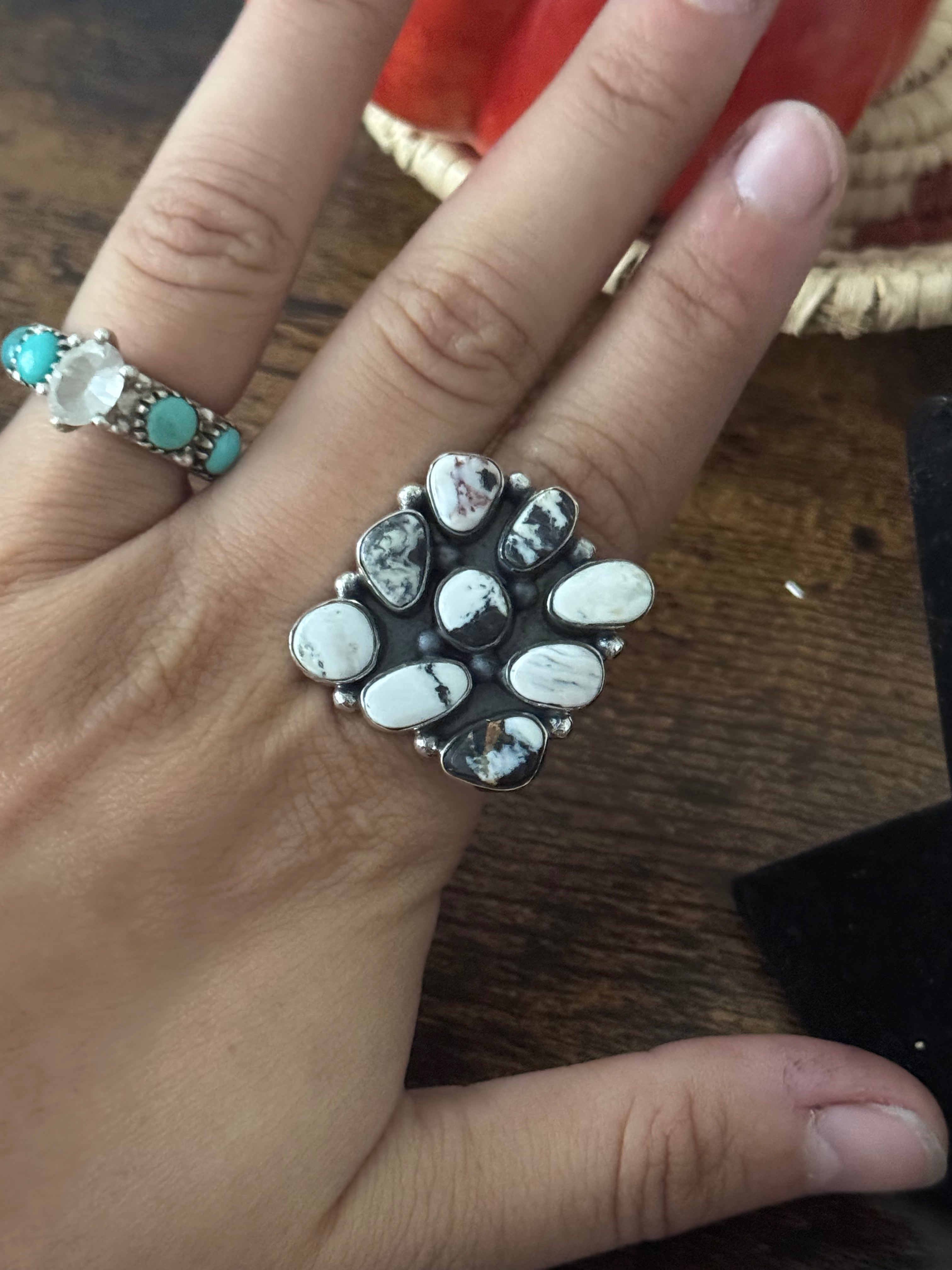 Southwest Handmade White Buffalo & Sterling Silver Adjustable Cluster Ring