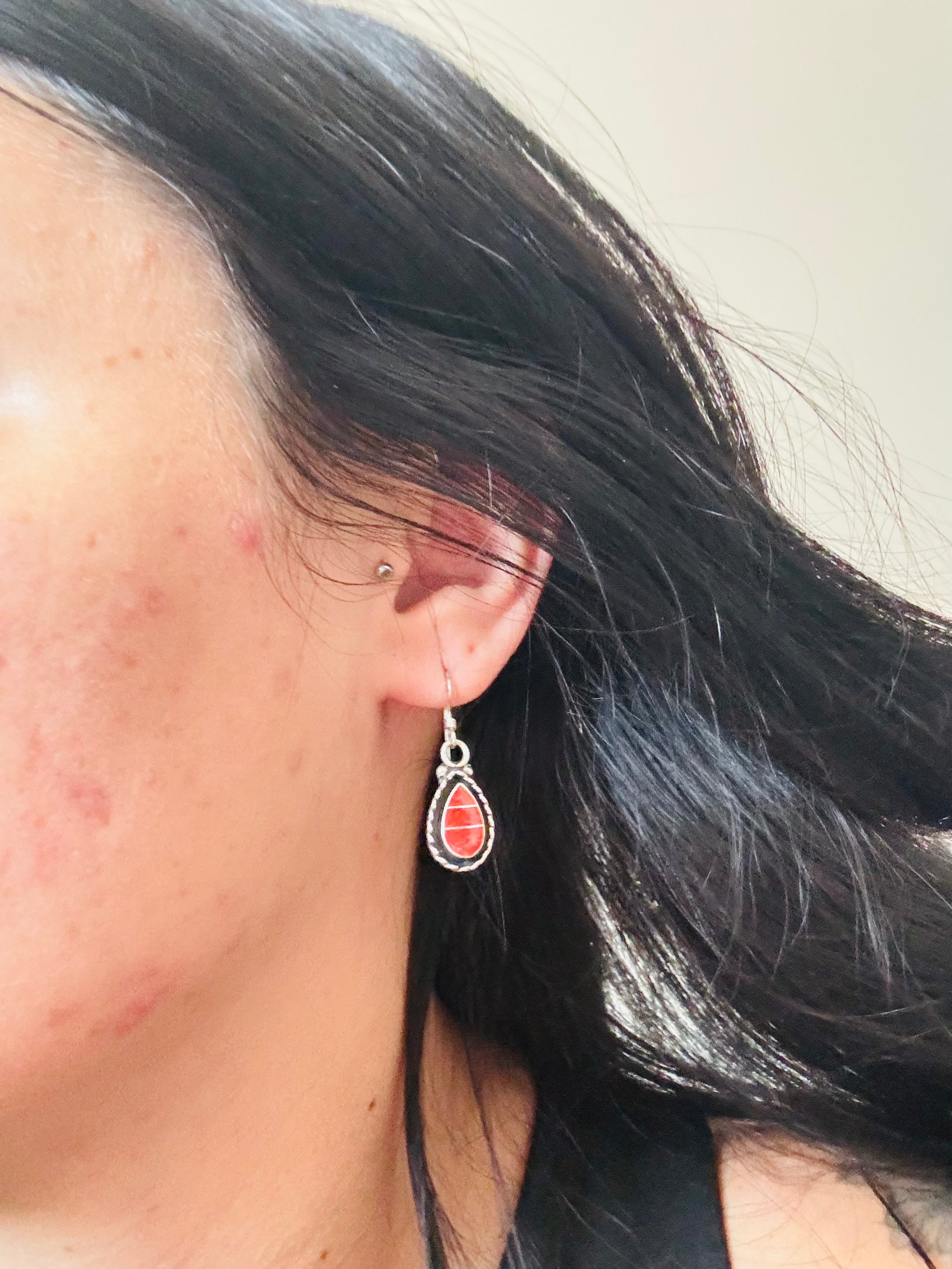 Zuni Made Coral & Sterling Silver Dangle Inlay Shadowbox Earrings