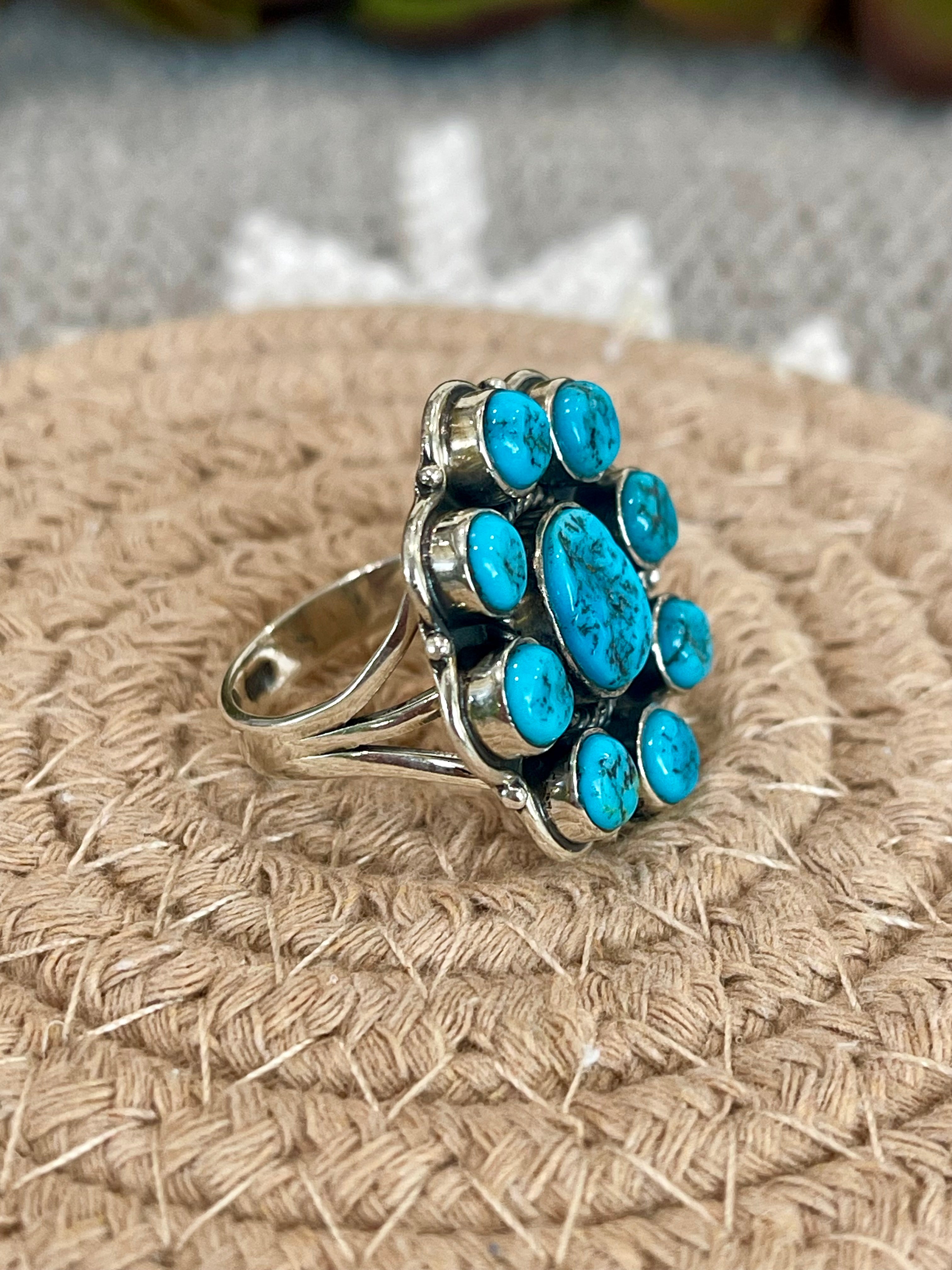 Southwest Handmade Kingman Turquoise & Sterling Silver Size 8.75 Cluster Flower Ring