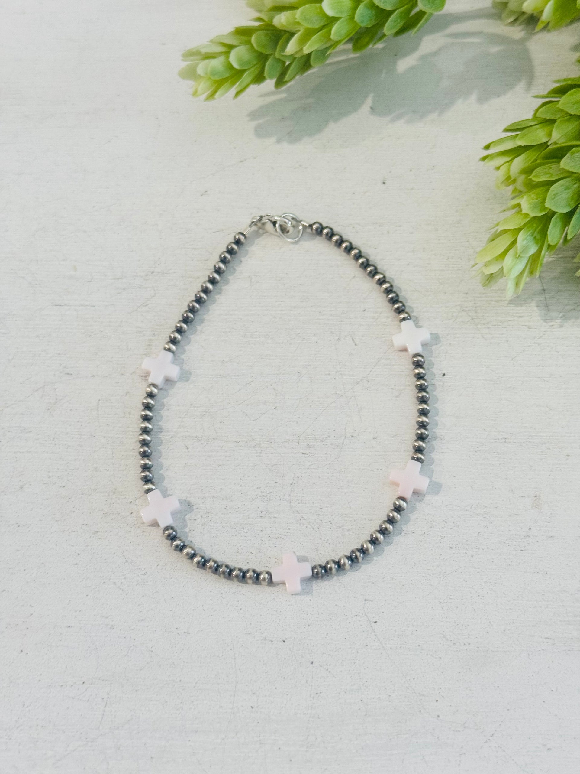 Southwest Strung Pink Conch & Sterling Silver Beaded Anklet