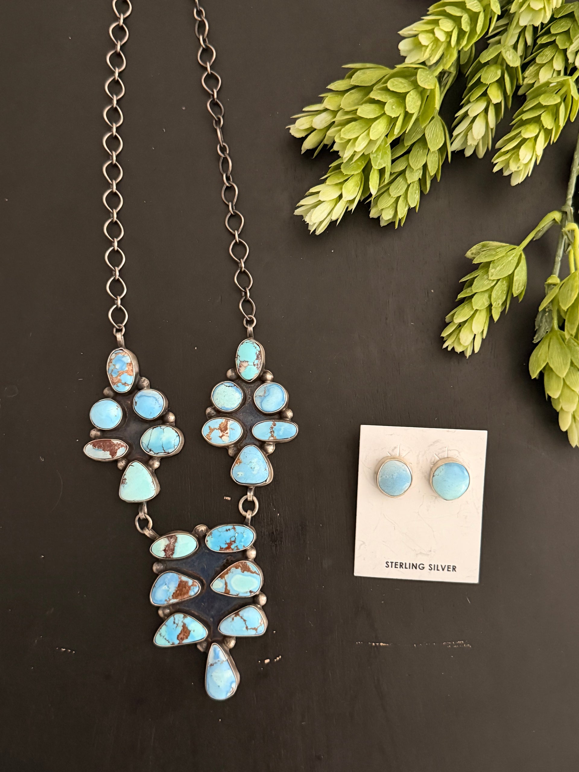 Navajo Made Golden Hills Turquoise & Sterling Silver Cluster Necklace Set
