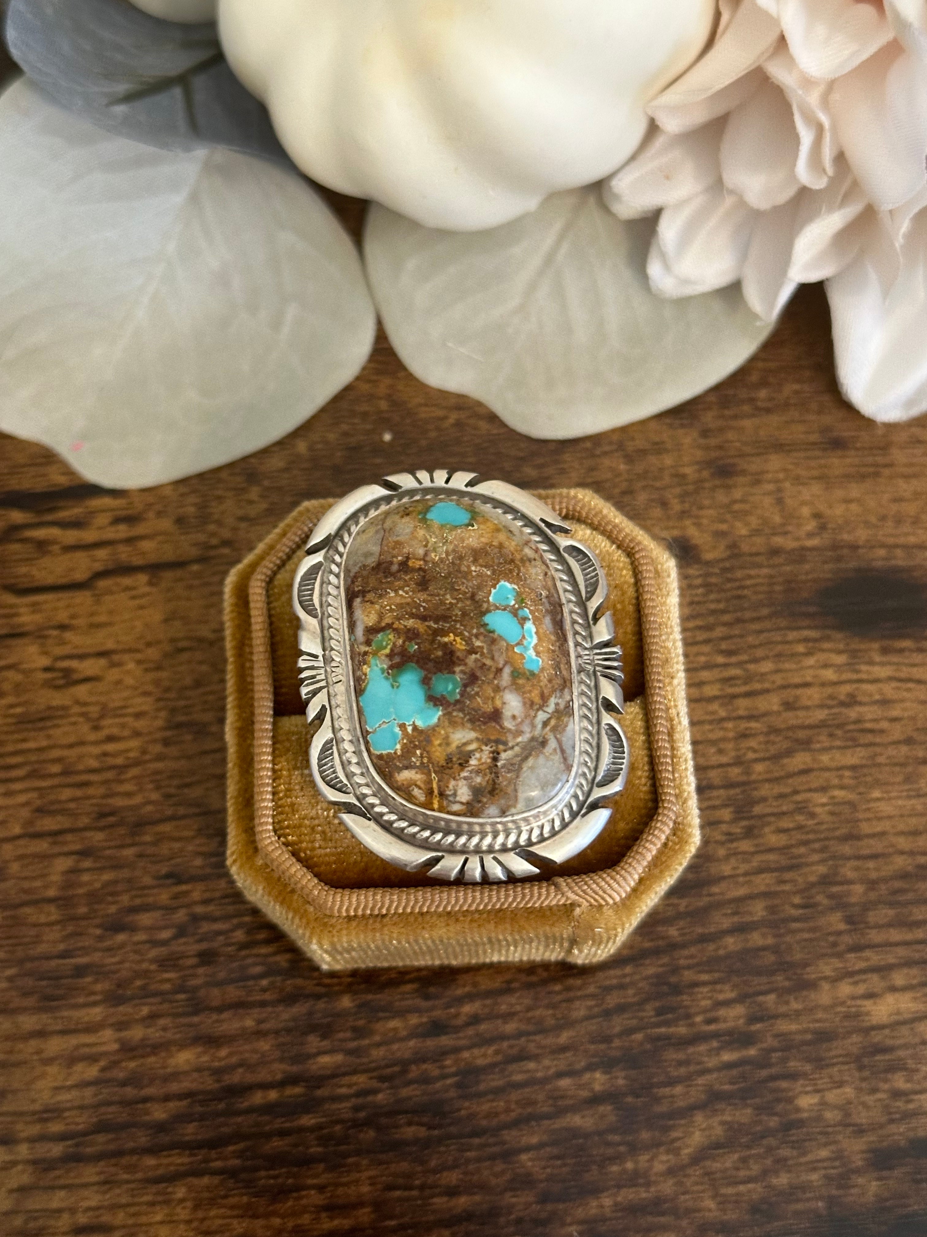 Navajo Made Natural Royston Turquoise and Sterling Silver Adjustable Ring Size 9.75
