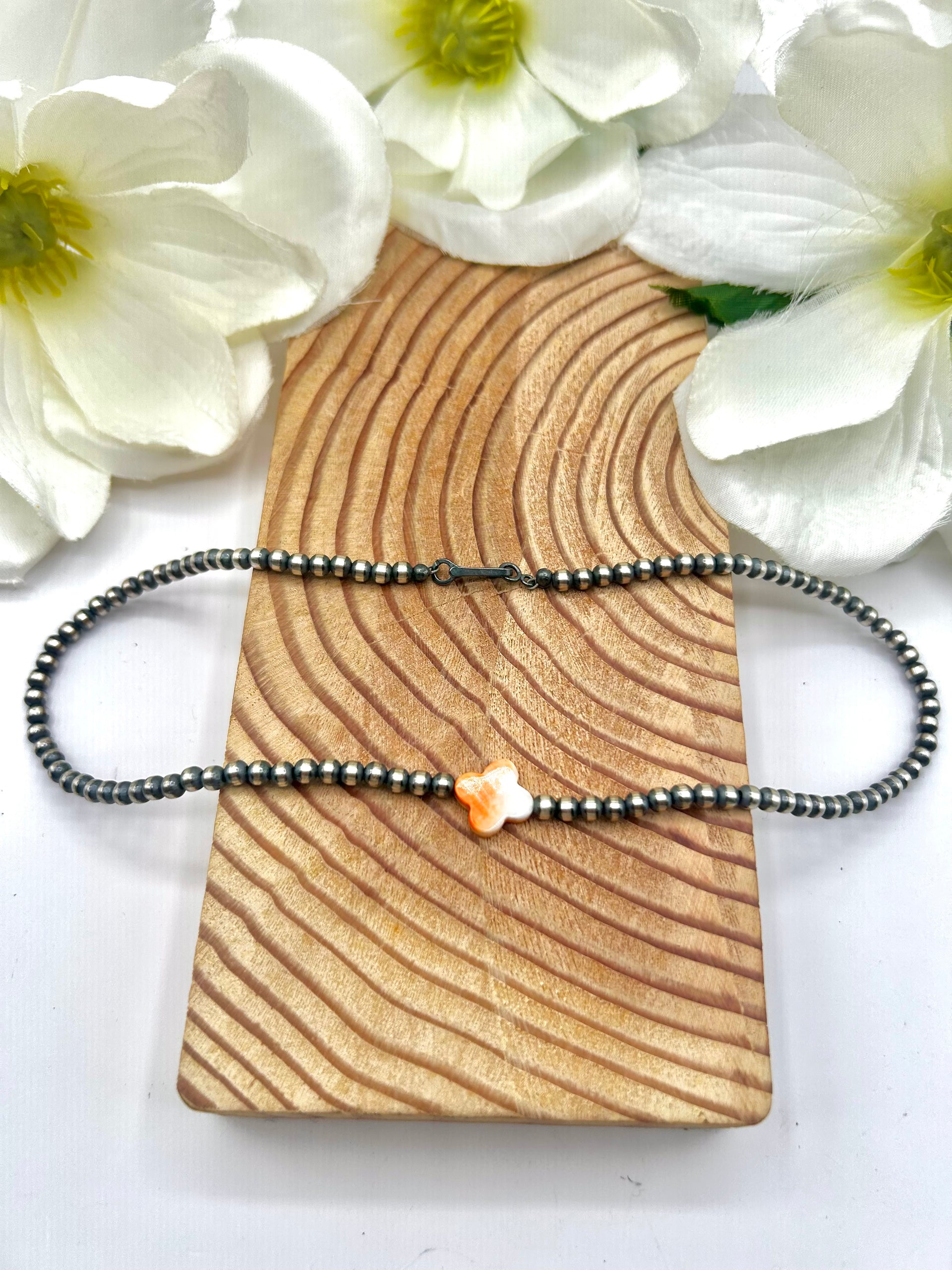 Navajo Made Strung Spiny Oyster & Sterling Silver Necklace