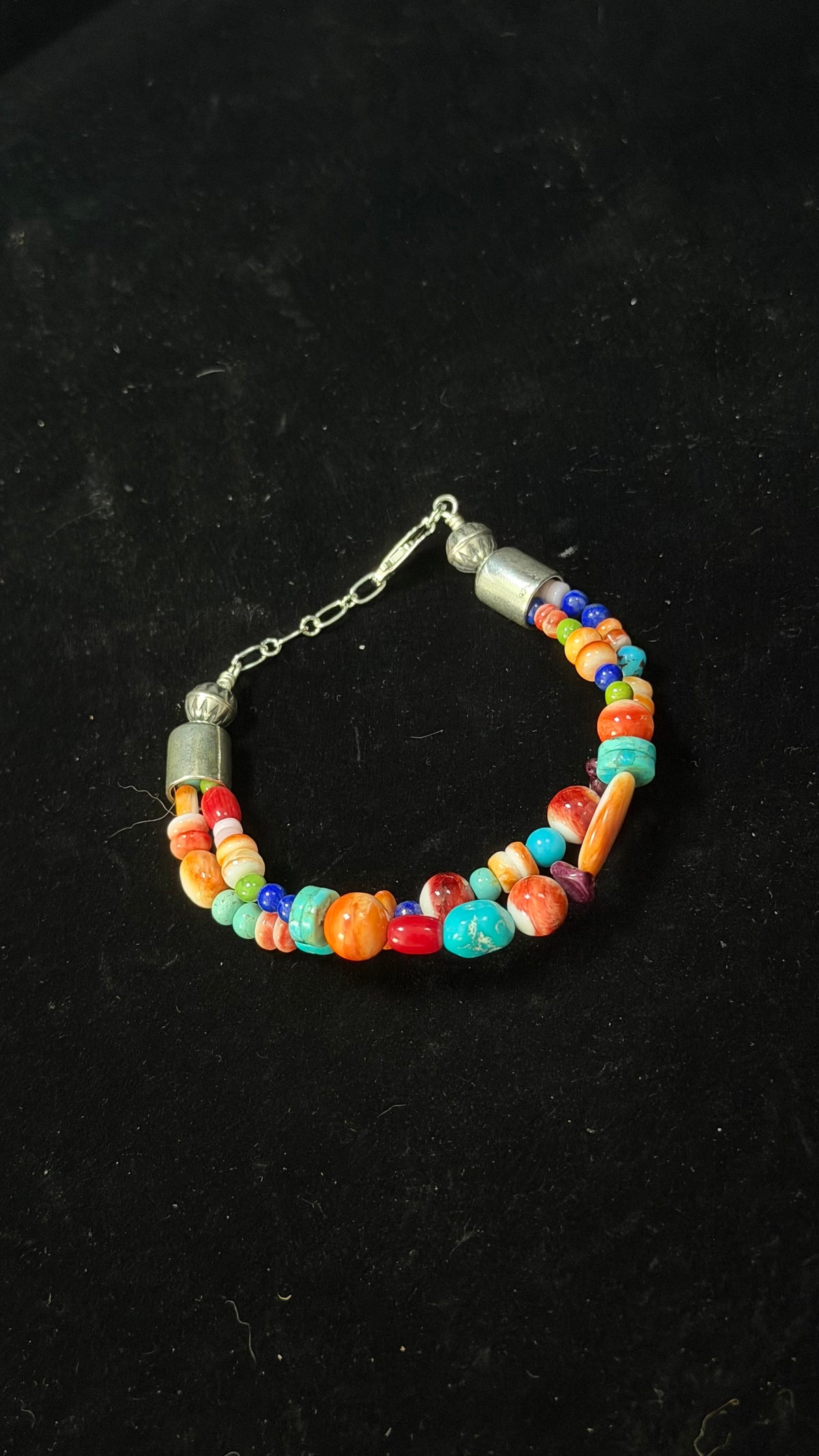Navajo Strung Multi Stone & Sterling Silver Beaded Double Strand Bracelet