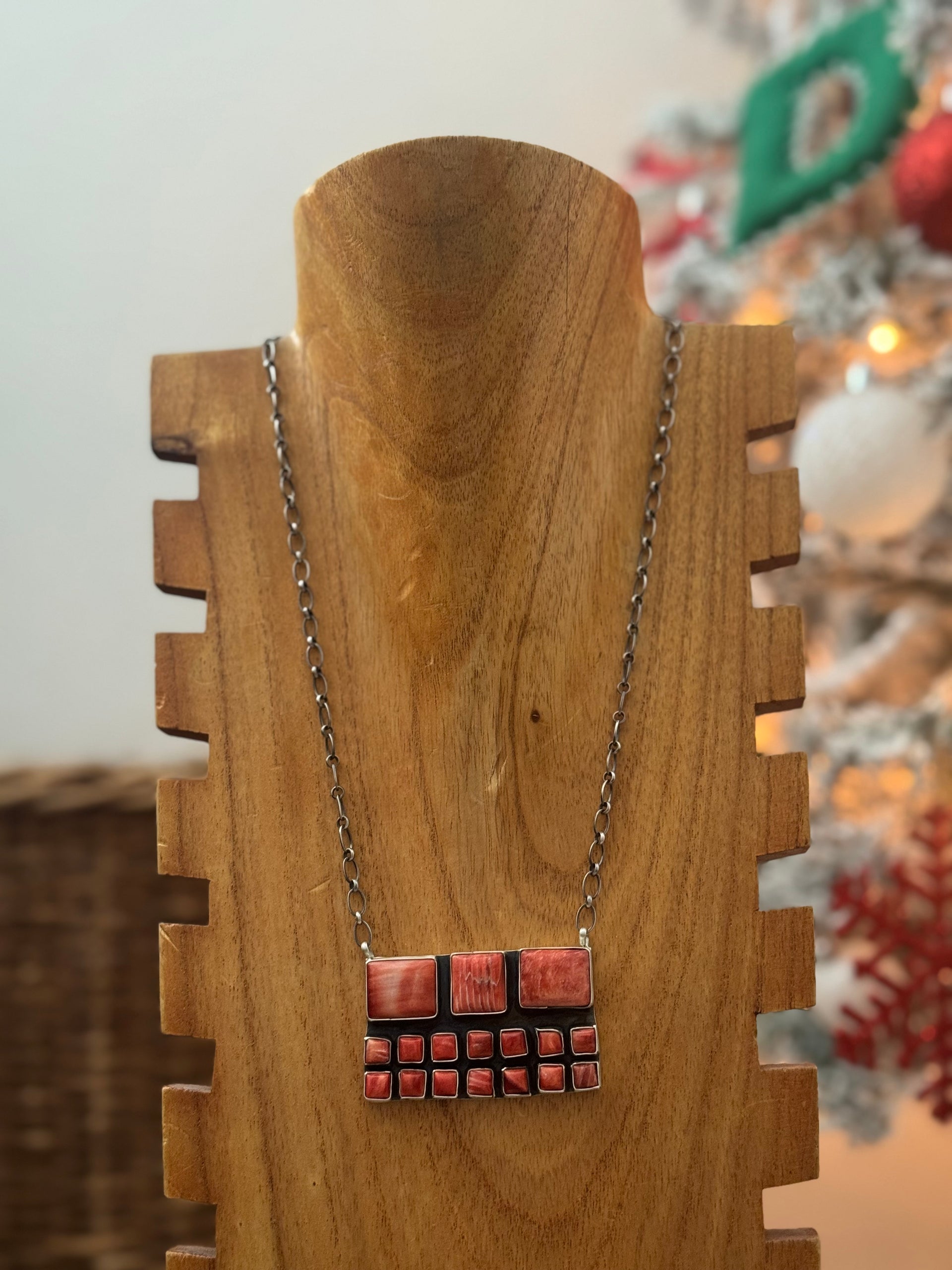 Navajo Made Red Spiny Oyster & Sterling Silver Cluster Bar Necklace
